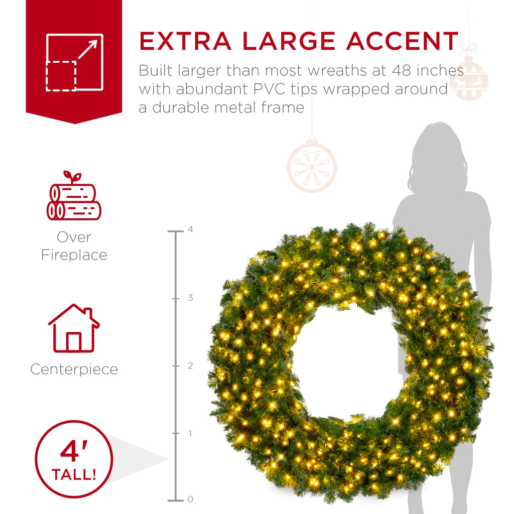Best Choice Products 48in Large Artificial Pre-Lit Fir Christmas Wreath Holiday Accent Decoration w/ 200 LED Lights, 714 PVC Tips