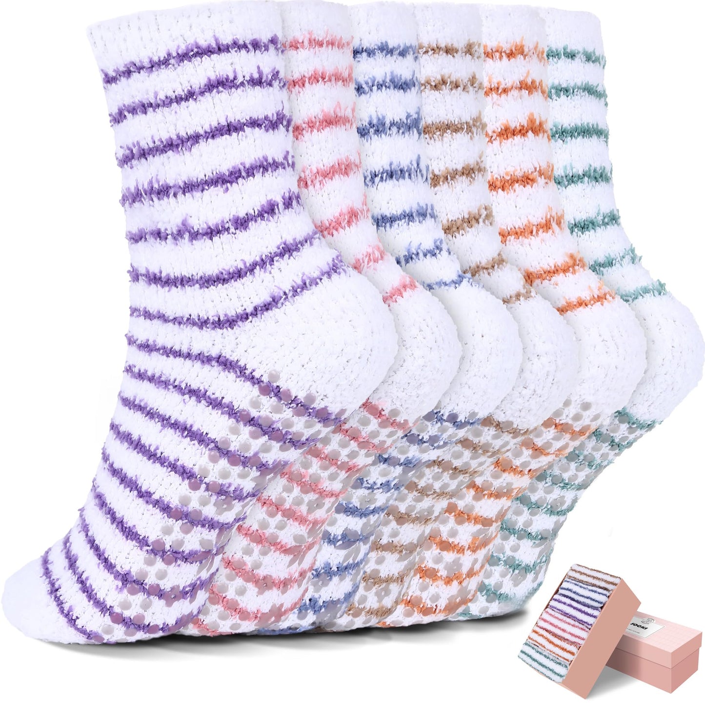 HUGSWEET 6 Pairs Thick Fuzzy Socks with Grip Cozy Non Slip Hospital Socks Home Fluffy Warm Slipper Socks Gifts for Women