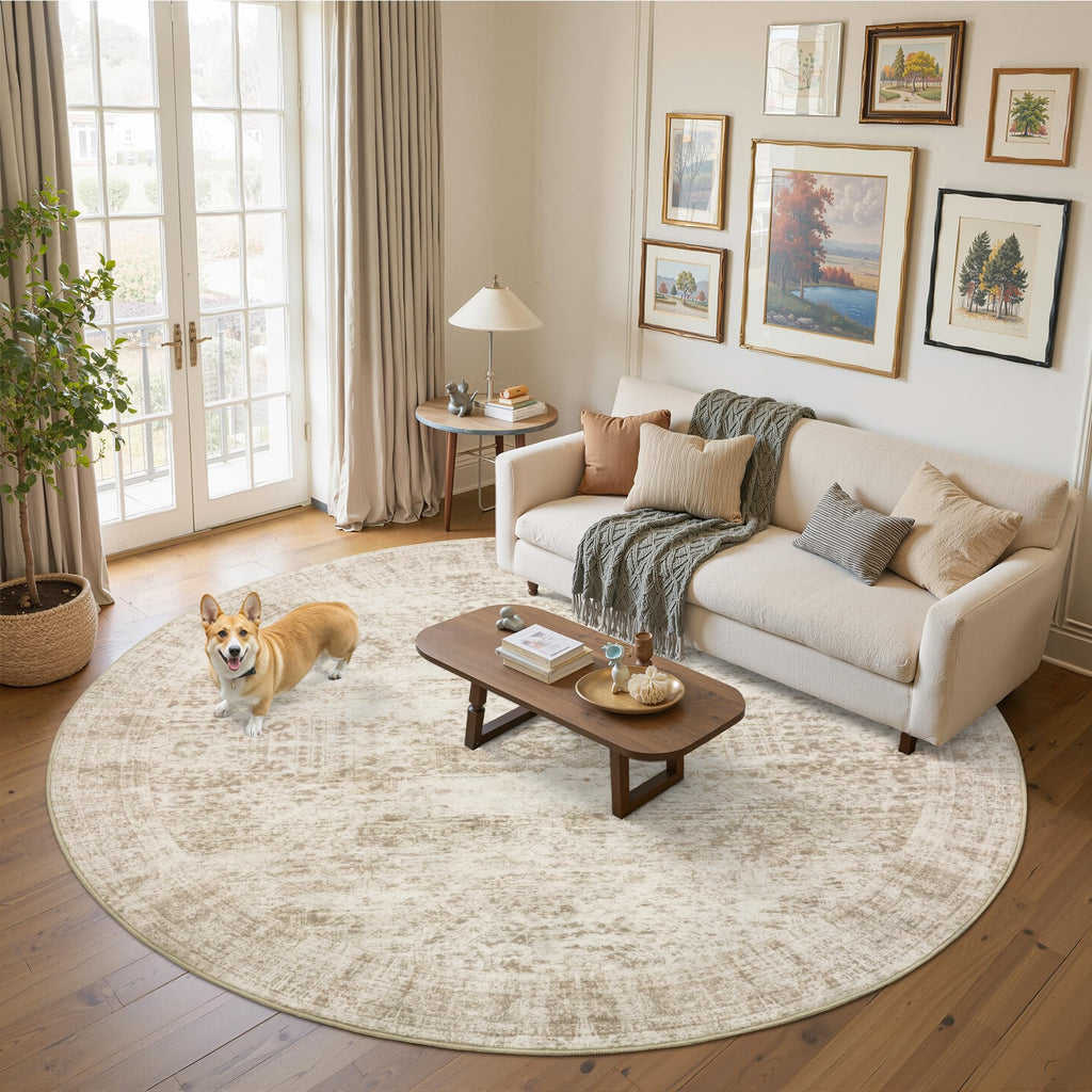 Washable Area Rug 8x10, Large Soft Rugs for Living Room Vintage Beige Carpet 8x10 Area Rugs for Bedroom Dining Room Non-Slip Stain Resistant Under Table Rug
