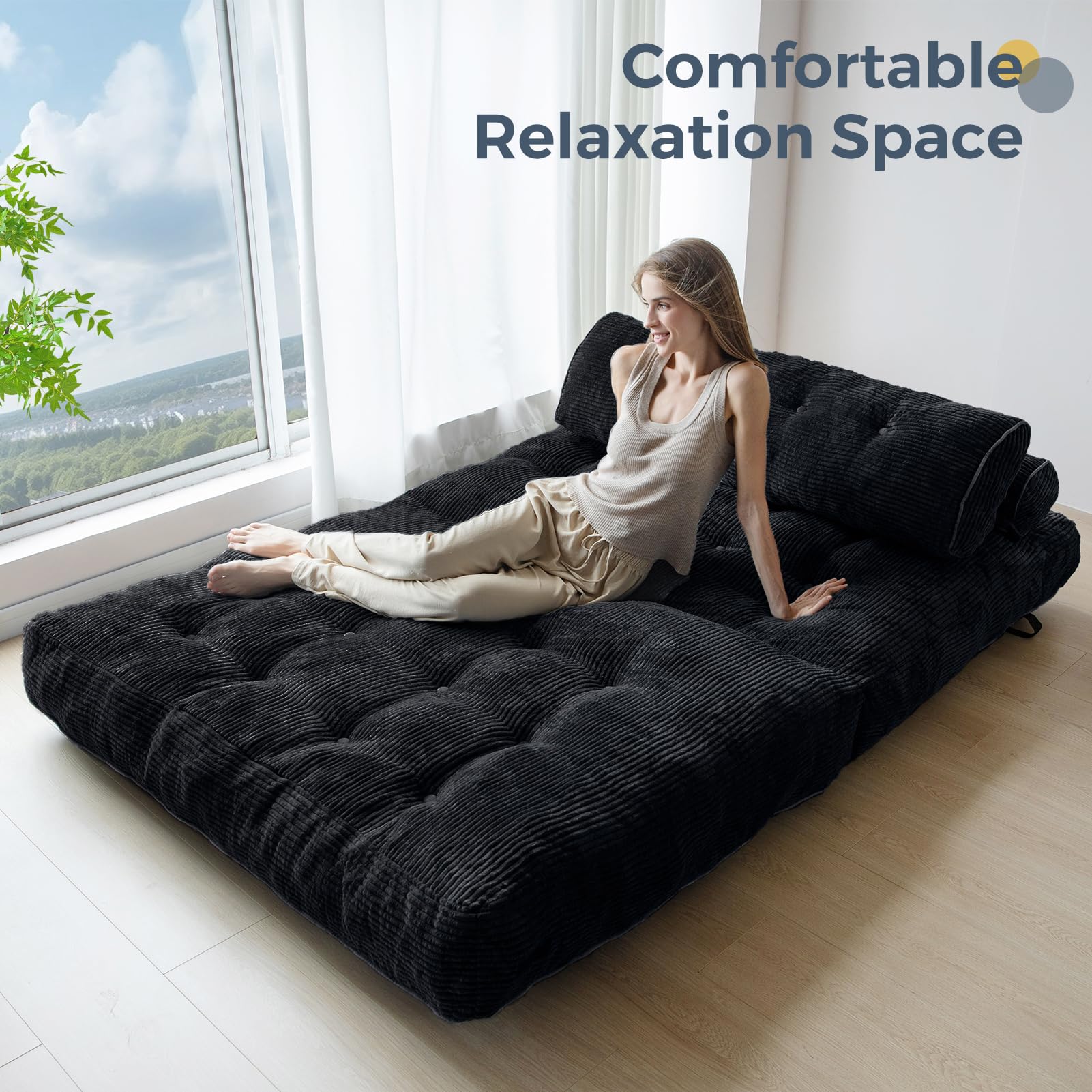 MAXYOYO Folding Sofa Bed, Convertible Sleeper Chair with Pillow Foldable Mattress with Back Support, Portable Fold Out Chair Bed Comfy Floor Sofa Lounge for Living Room Bedroom, Dark Grey, Single