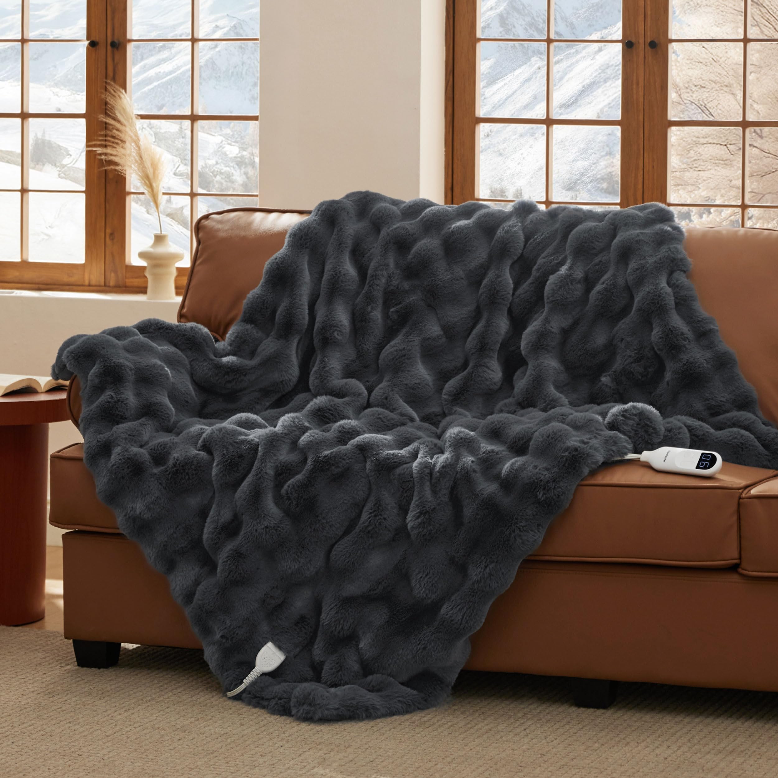 Bedsure GentleSoft Heated Blanket Electric Throw - Soft Ribbed Flannel Electric Blanket, Heating with 4 Time Settings, 6 Heat Levels, 3 hrs Timer Auto Shut Off, Gifts for Grandma (50x60 inches, Grey)