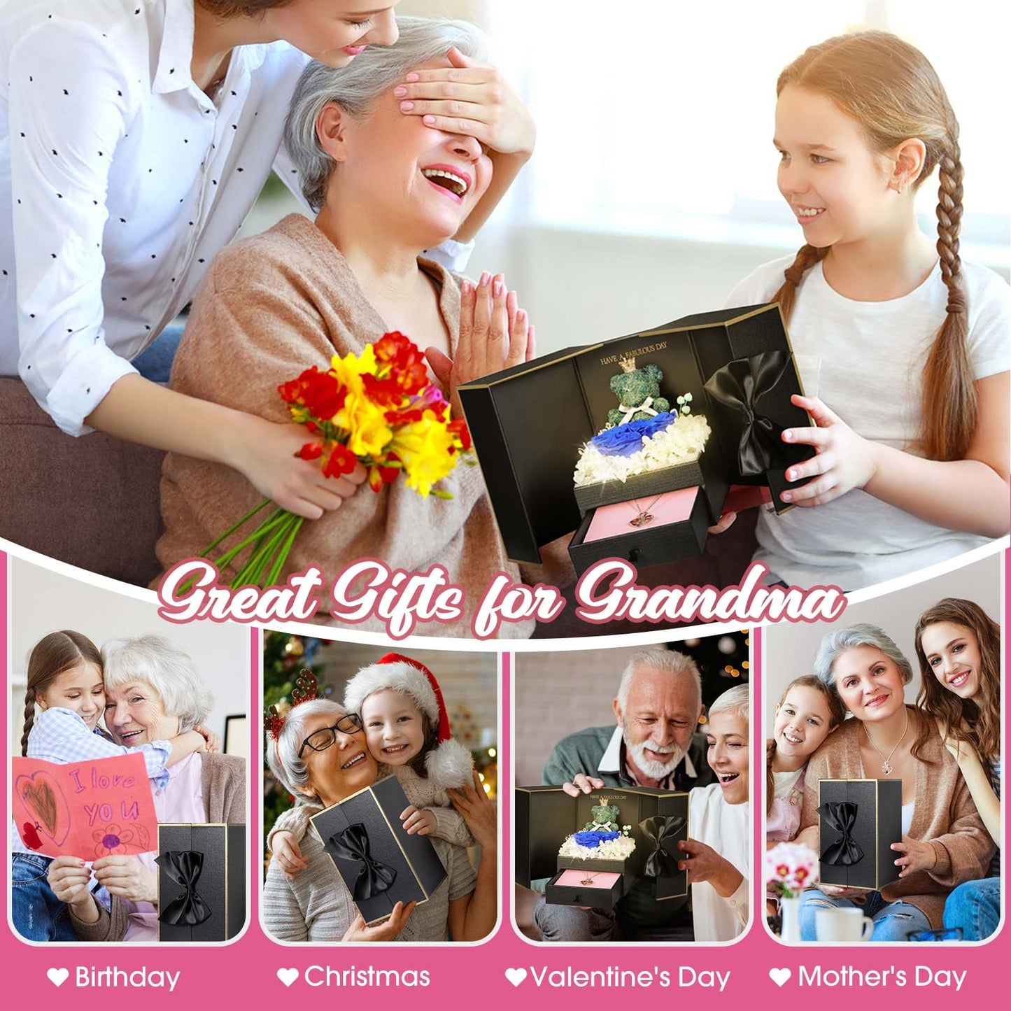 ADDWel Rose Gifts for Women Birthday Christmas - Preserved Real Roses Forever Red Flowers with I Love You in 100 Languages Necklace and Cute Moss Bear for Girlfriend Wife Mom Grandma