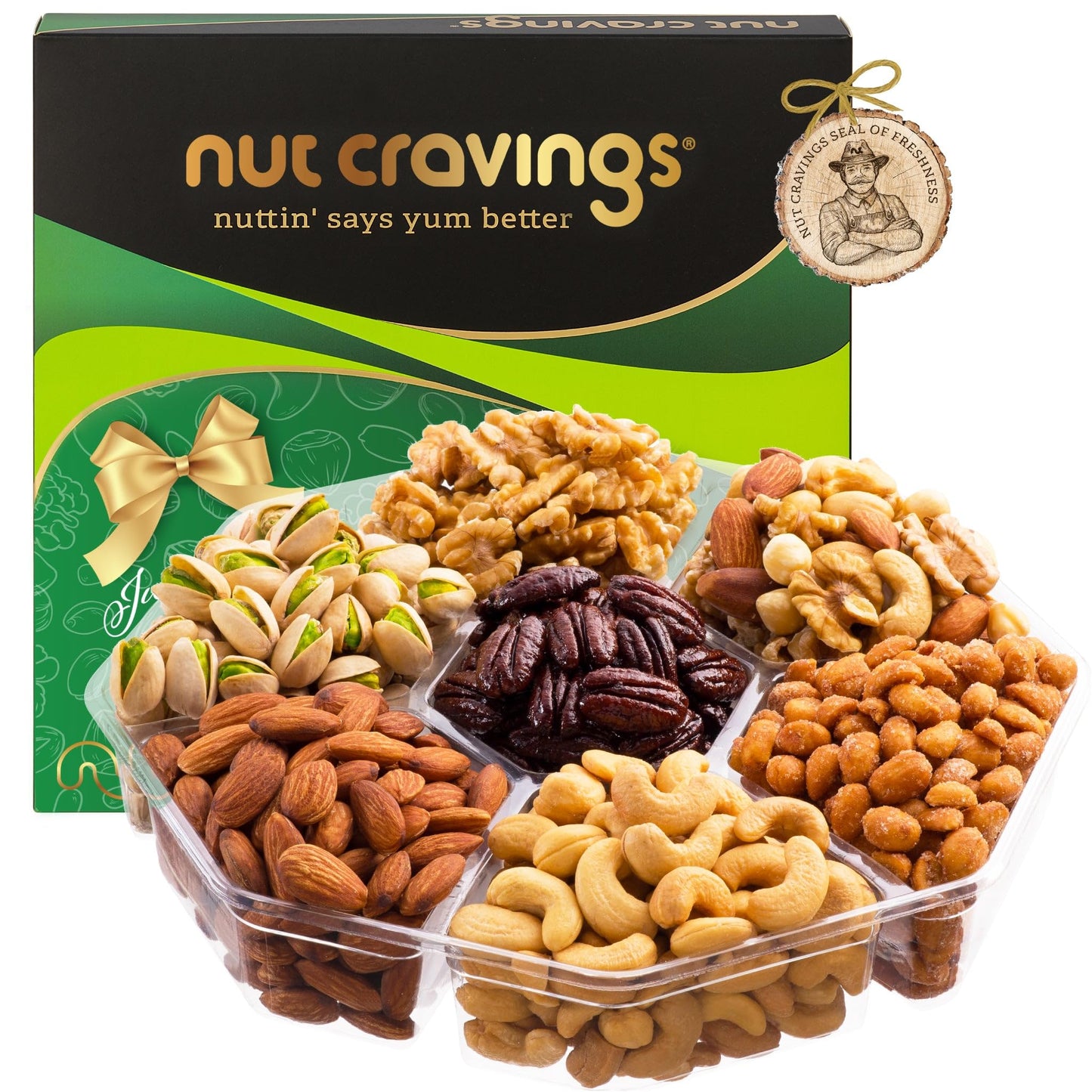 NUT CRAVINGS - Thanksgiving Mixed Nuts Gift Basket in Red Gold Box (7 Assortments, 1 LB) Holiday Xmas Christmas Food Arrangement, Healthy Snack Care Package, Food Assortments