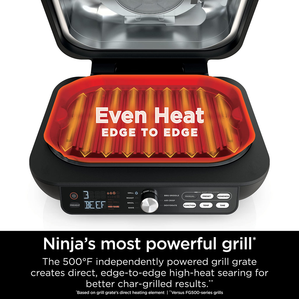 Ninja | Indoor Grill and Air Fryer| Foodi Smart XL | 6-in-1 Grill, Air Fry, Roast, Bake, Broil, Dehydrate & Crisp |Smart Thermometer & Splatter Shield | Dishwasher Safe Parts | Black/Silver | FG551