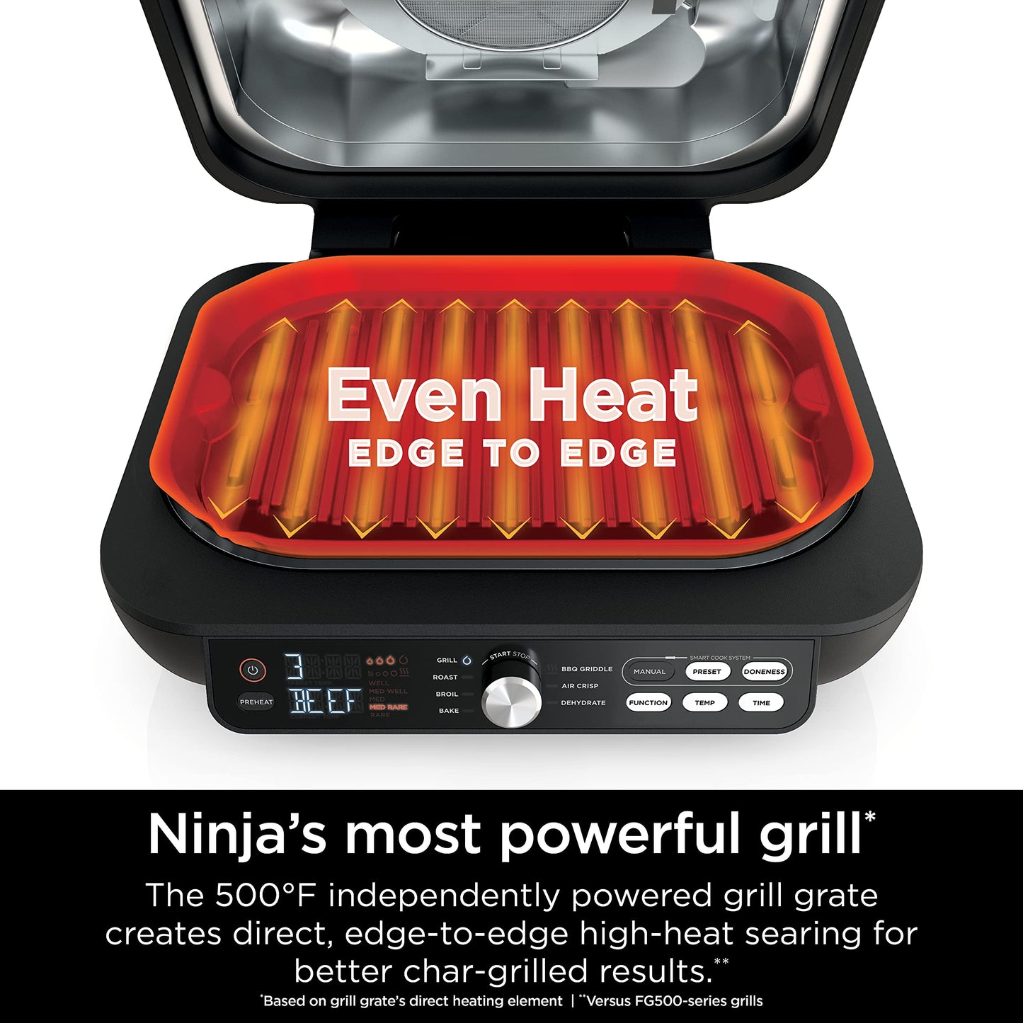 Ninja | Indoor Grill and Air Fryer| Foodi Smart XL | 6-in-1 Grill, Air Fry, Roast, Bake, Broil, Dehydrate & Crisp |Smart Thermometer & Splatter Shield | Dishwasher Safe Parts | Black/Silver | FG551
