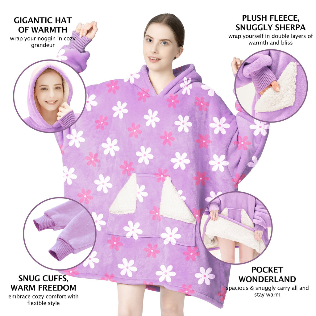 Touchat Wearable Blanket Hoodie, Oversized Sherpa Fleece Sweatshirt Blanket with Giant Hood Pocket and Sleeves for Adult, Warm & Cozy Grey Blanket Gifts for Women