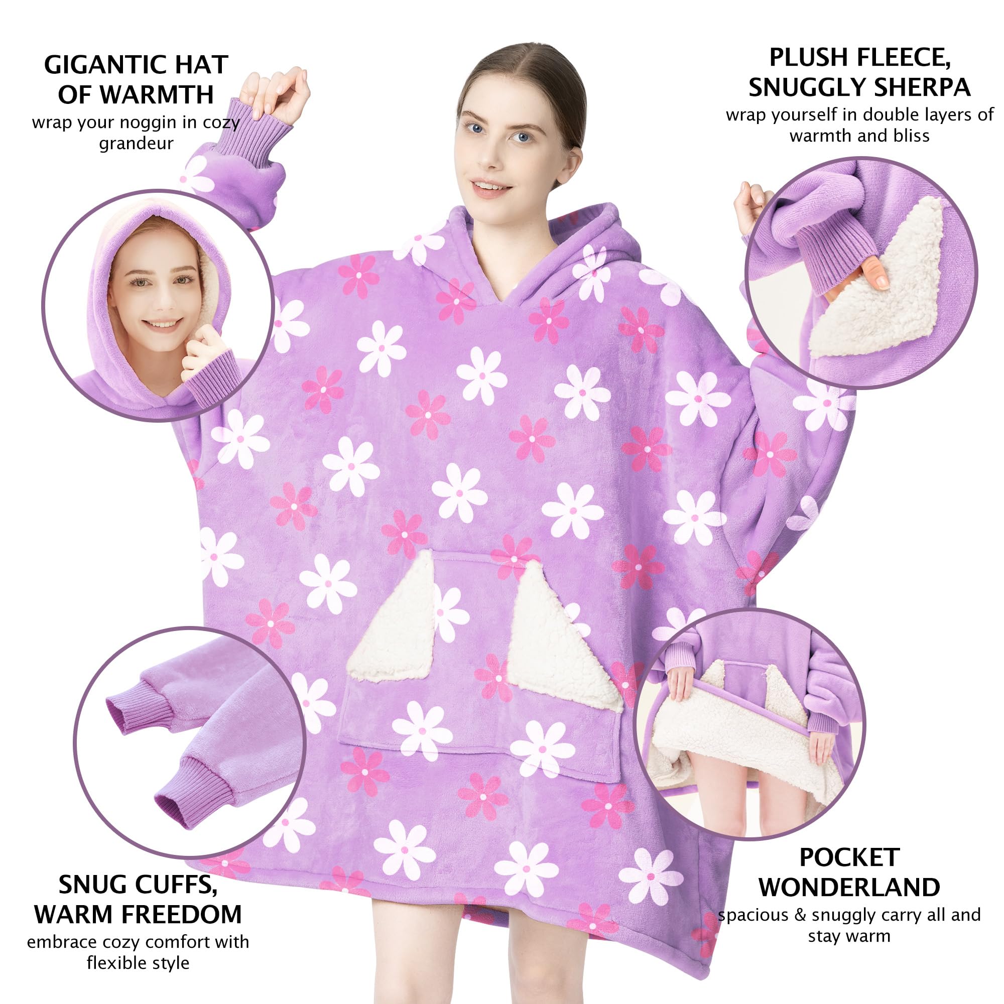 Touchat Wearable Blanket Hoodie, Oversized Sherpa Fleece Sweatshirt Blanket with Giant Hood Pocket and Sleeves for Adult, Warm & Cozy Grey Blanket Gifts for Women