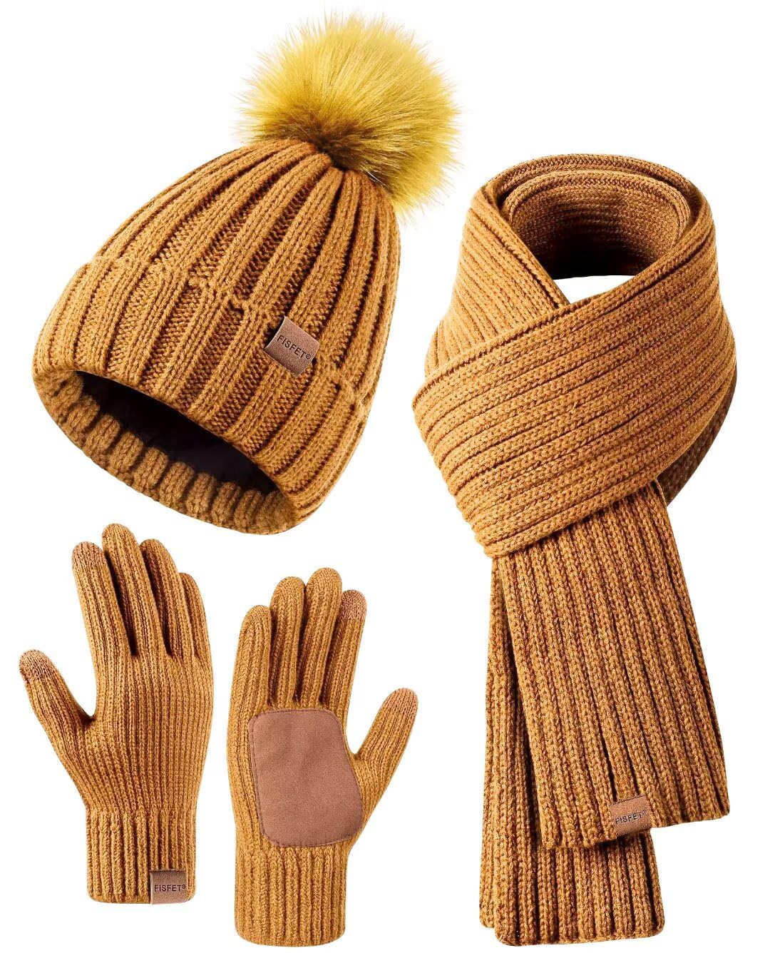 Winter Beanie Hat Scarf Gloves Set for Women, Womens Beanie with Pom Pom Long Scarf Neck Warmer Touchscreen Gloves 3 in 1 Set