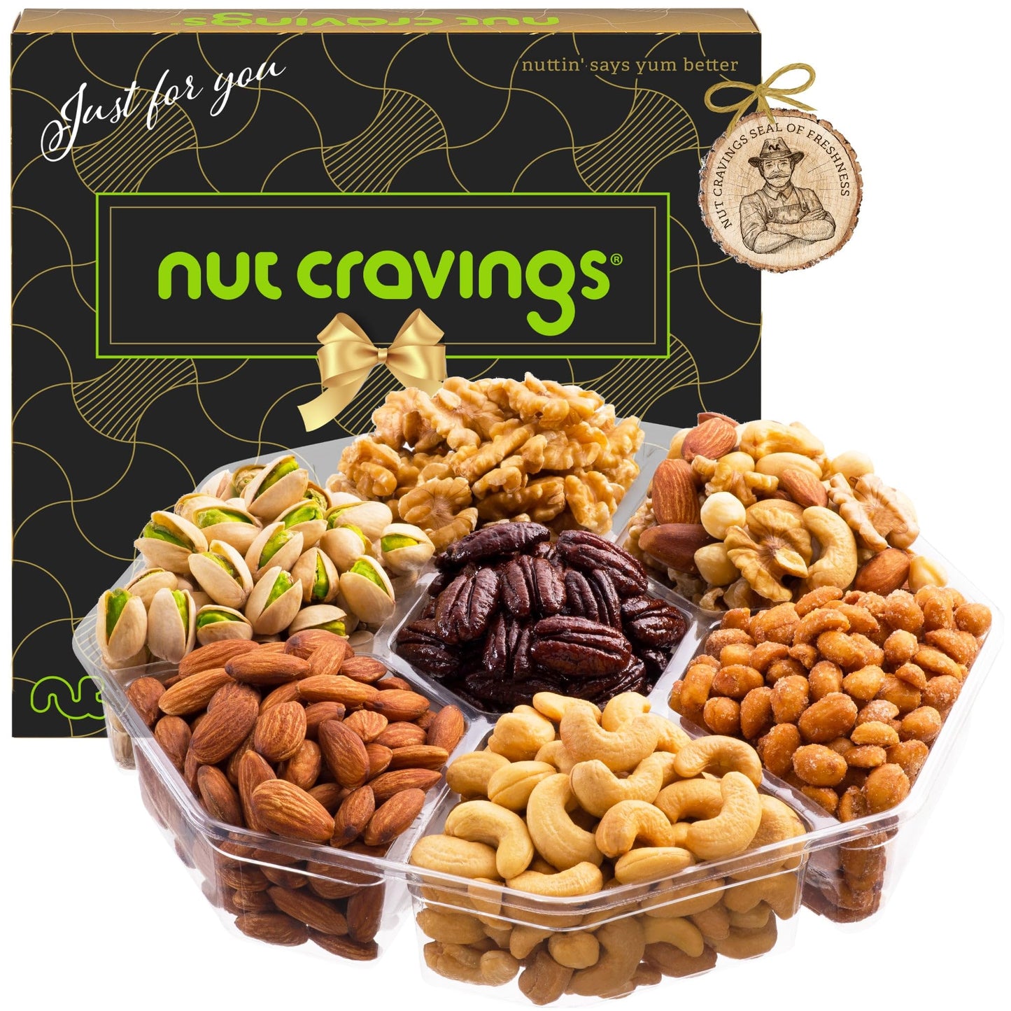 NUT CRAVINGS - Thanksgiving Mixed Nuts Gift Basket in Red Gold Box (7 Assortments, 1 LB) Holiday Xmas Christmas Food Arrangement, Healthy Snack Care Package, Food Assortments