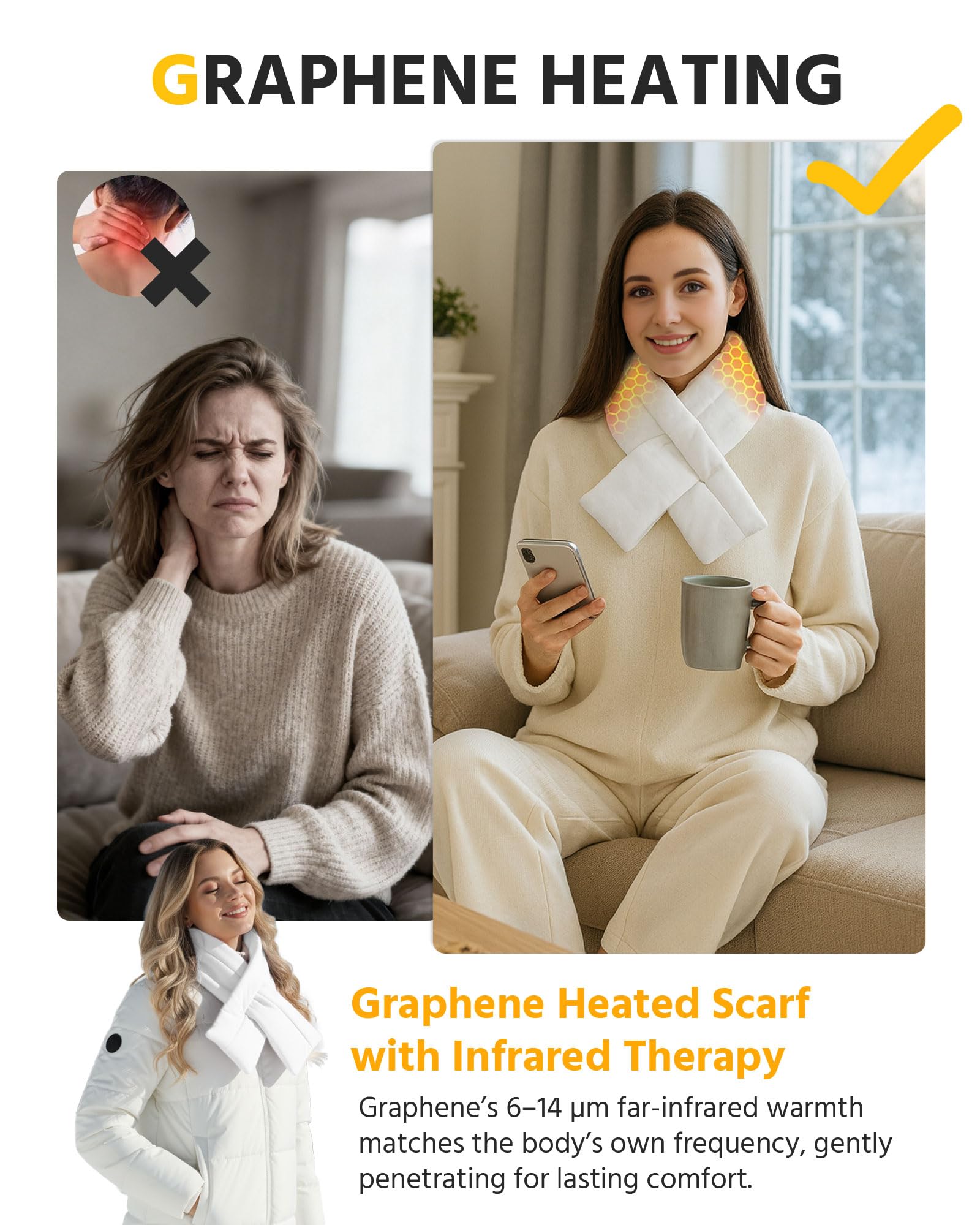 Wulcea Graphene Heated Scarf for Men Women 5V2A 6000mAh Fast Heating Long-Lasting Compact Battery
