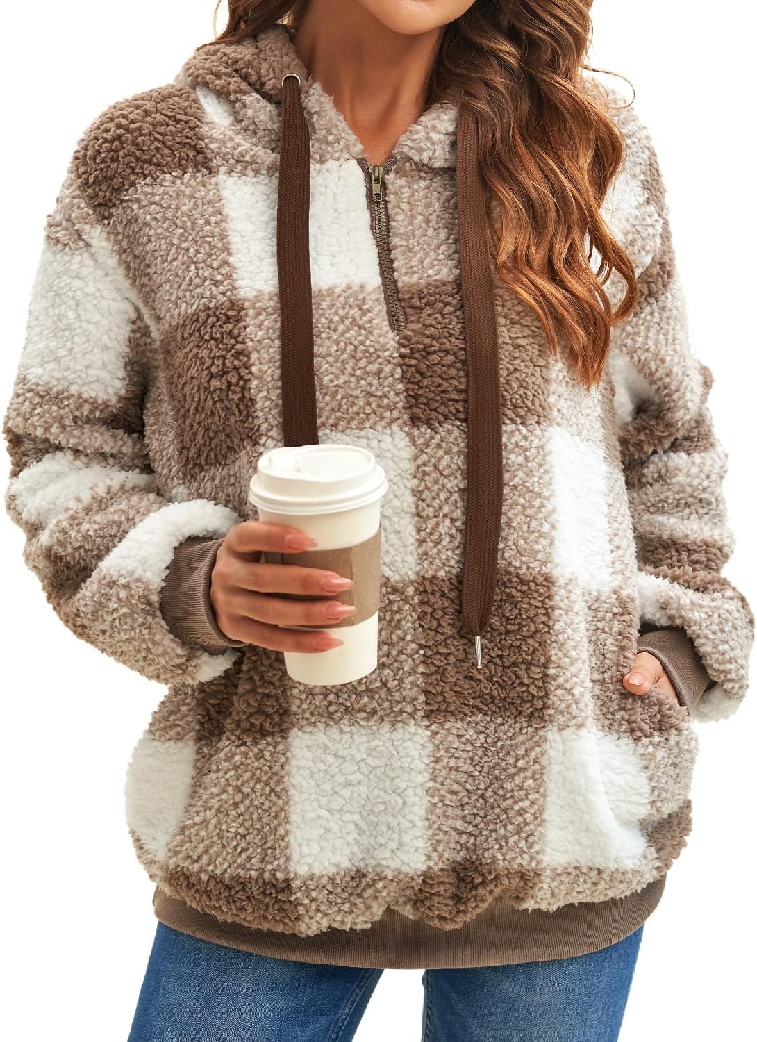 ReachMe Womens Oversized Sherpa Pullover Hoodie with Pockets Fuzzy Fleece Sweatshirt Plaid Fluffy Jacket Coat