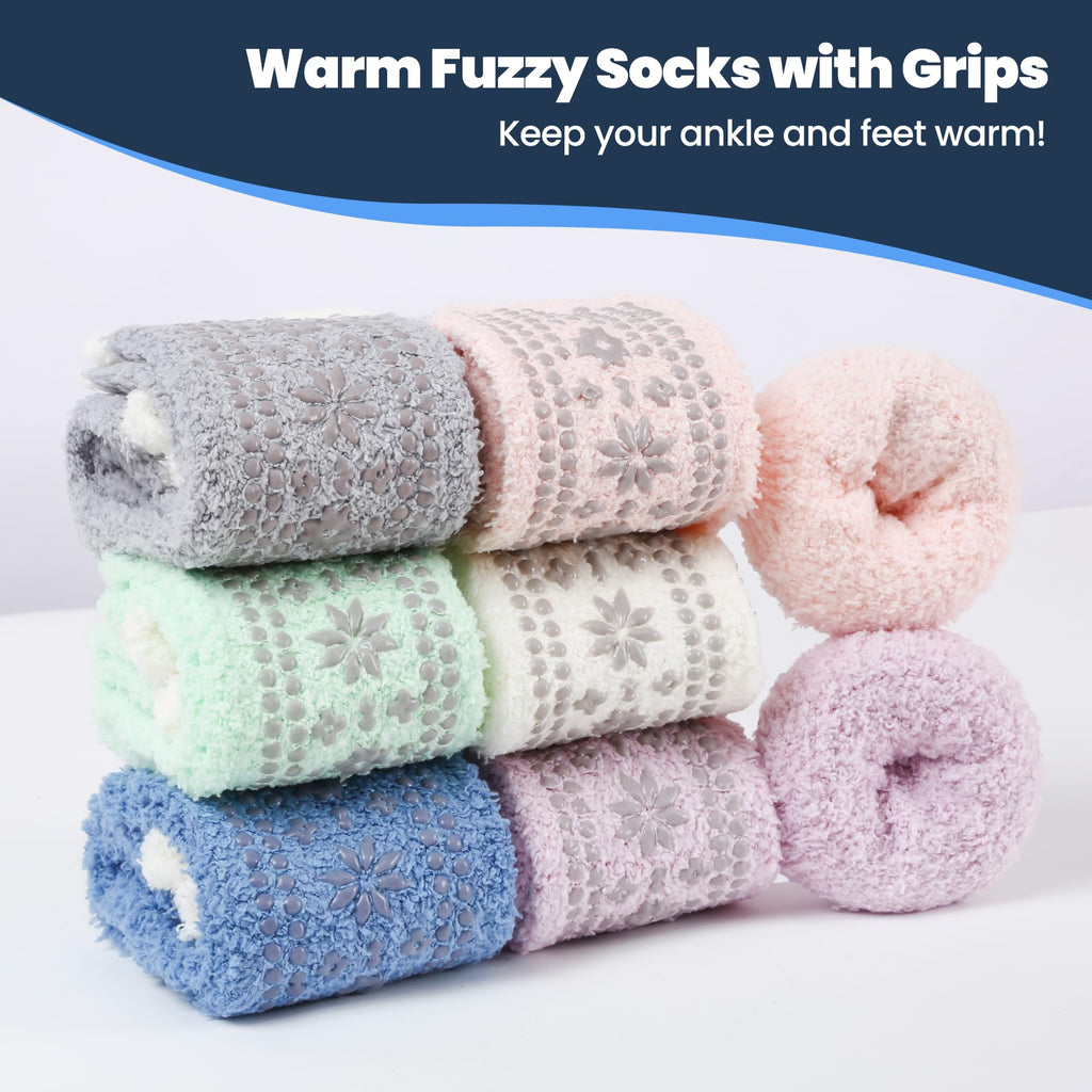 HUGSWEET 6 Pairs Thick Fuzzy Socks with Grip Cozy Non Slip Hospital Socks Home Fluffy Warm Slipper Socks Gifts for Women