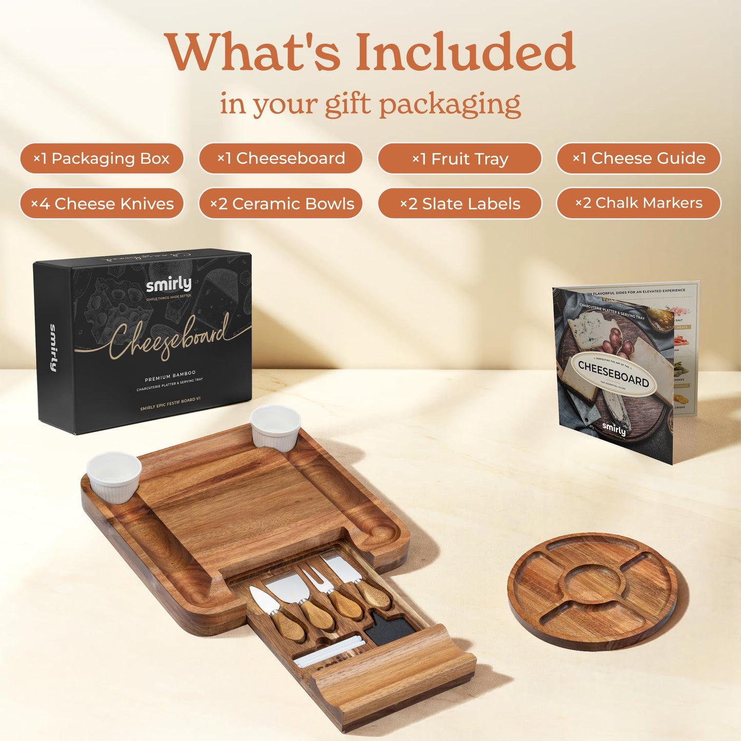 Smirly Charcuterie Board Set - Large Bamboo Cheese Board for Serving - House Warming Gifts New Home, Wedding & Bridal Shower Gift, Birthday Gift for Women