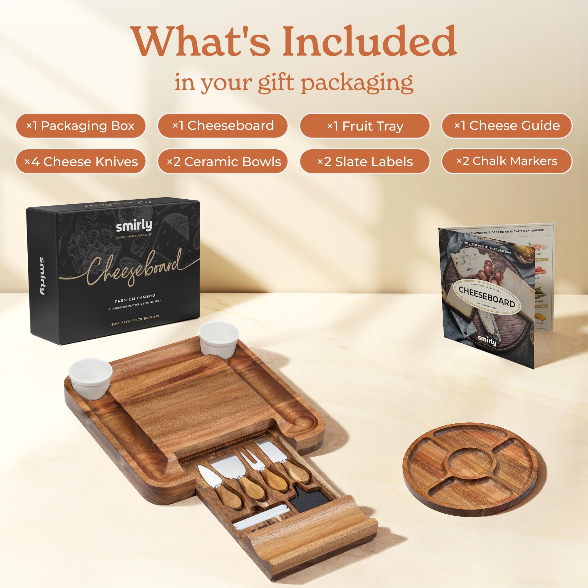 Smirly Charcuterie Board Set - Large Bamboo Cheese Board for Serving - House Warming Gifts New Home, Wedding & Bridal Shower Gift, Birthday Gift for Women