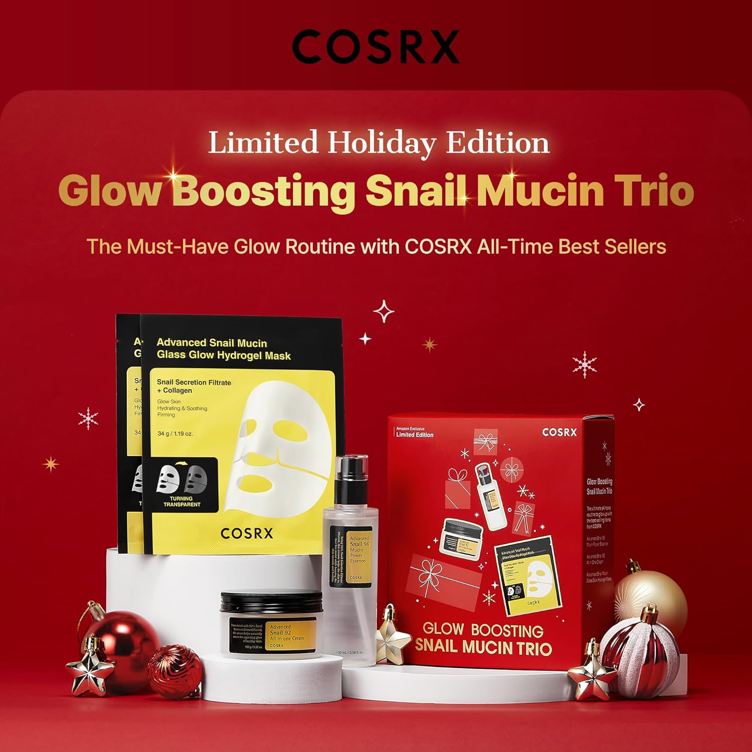 COSRX Snail Mucin Limited Holiday Gift Set with Snail Mucin Repairing Serum, Moisturizer & Collagen Face Mask, Korean Skin Care Set, Stocking stuffers, Gifts for Women, Amazon Exclusive