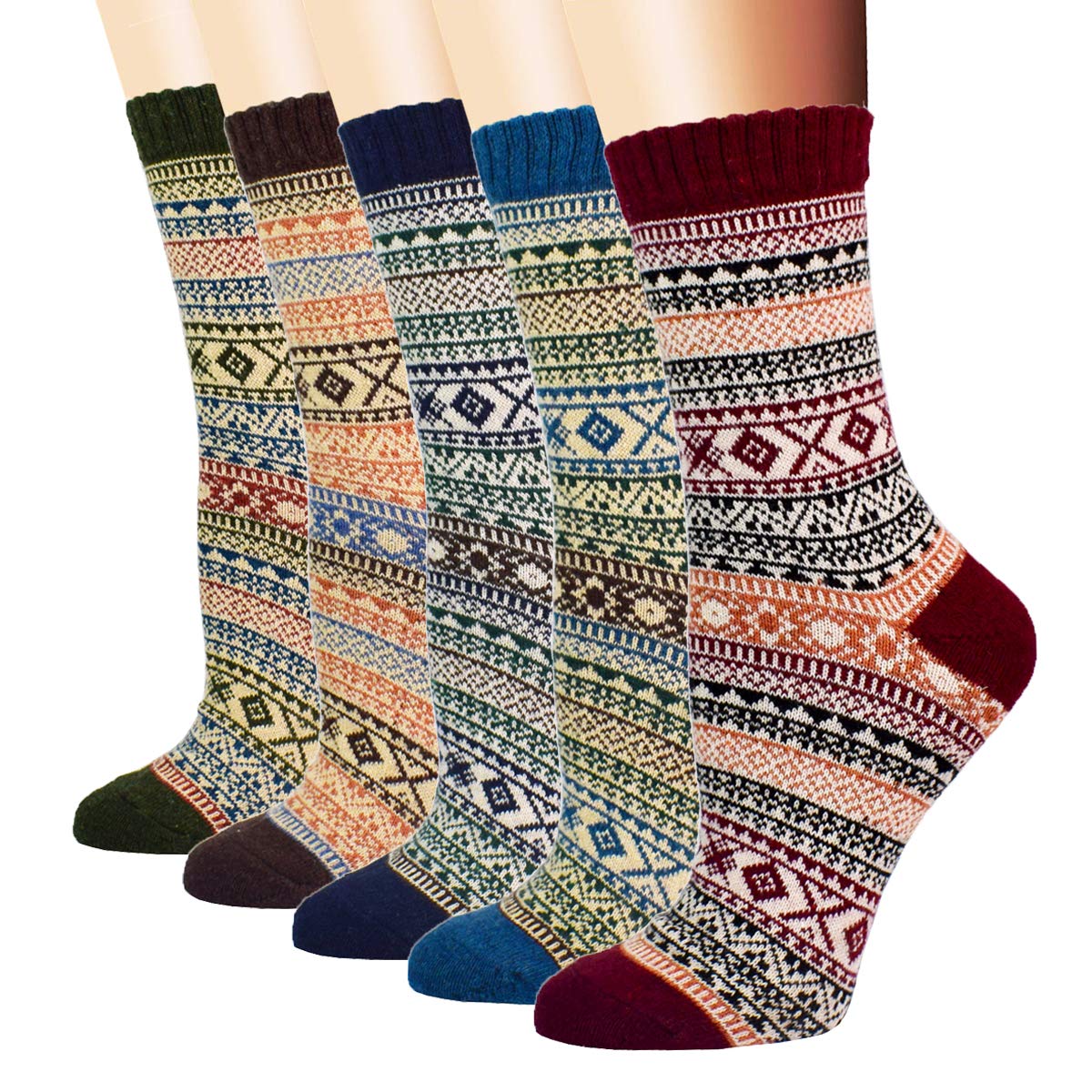 YZKKE 5Pack Womens Vintage Winter Soft Warm Thick Cold Knit Wool Crew Socks, Multicolor, free size
