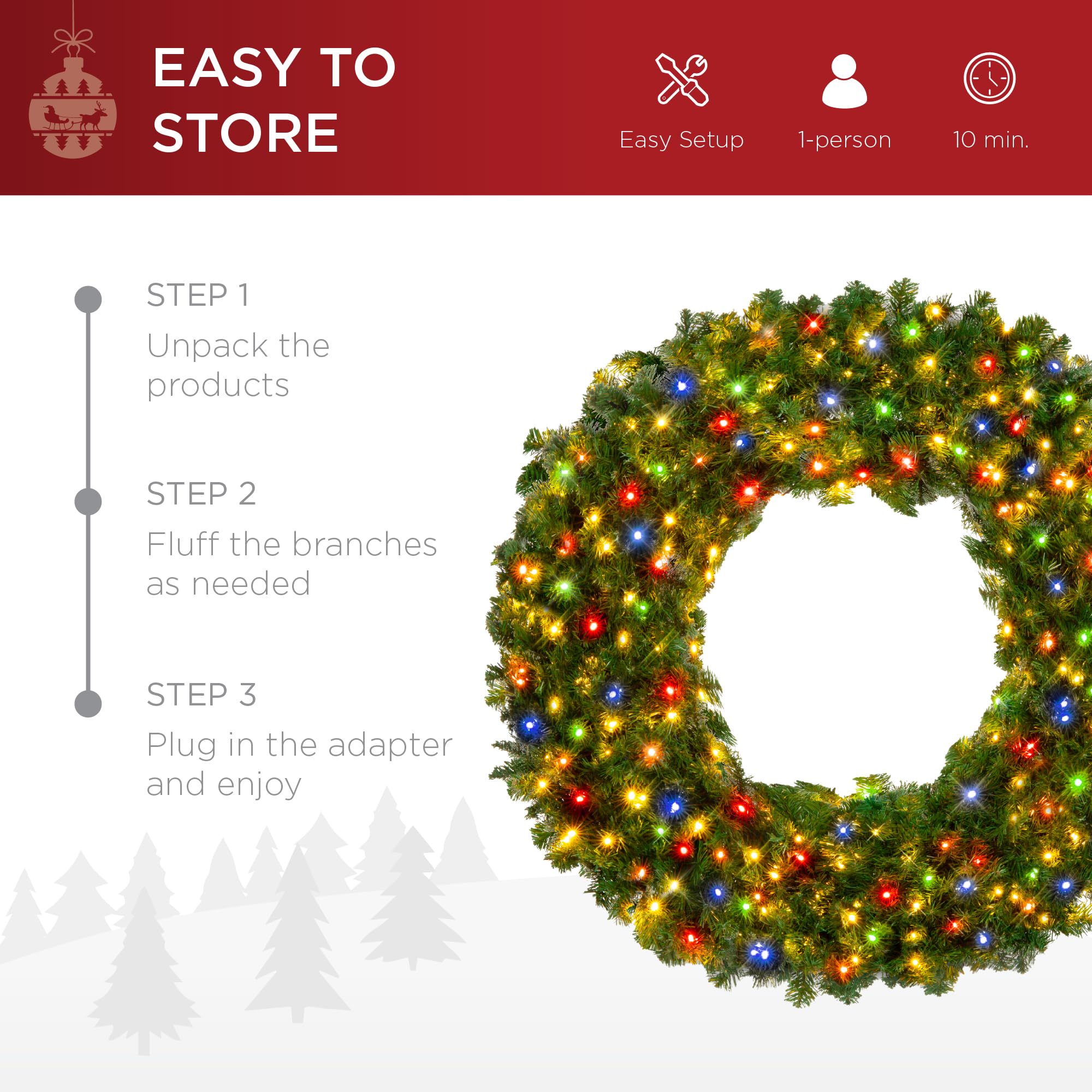 Best Choice Products 48in Large Artificial Pre-Lit Fir Christmas Wreath Holiday Accent Decoration w/ 200 LED Lights, 714 PVC Tips