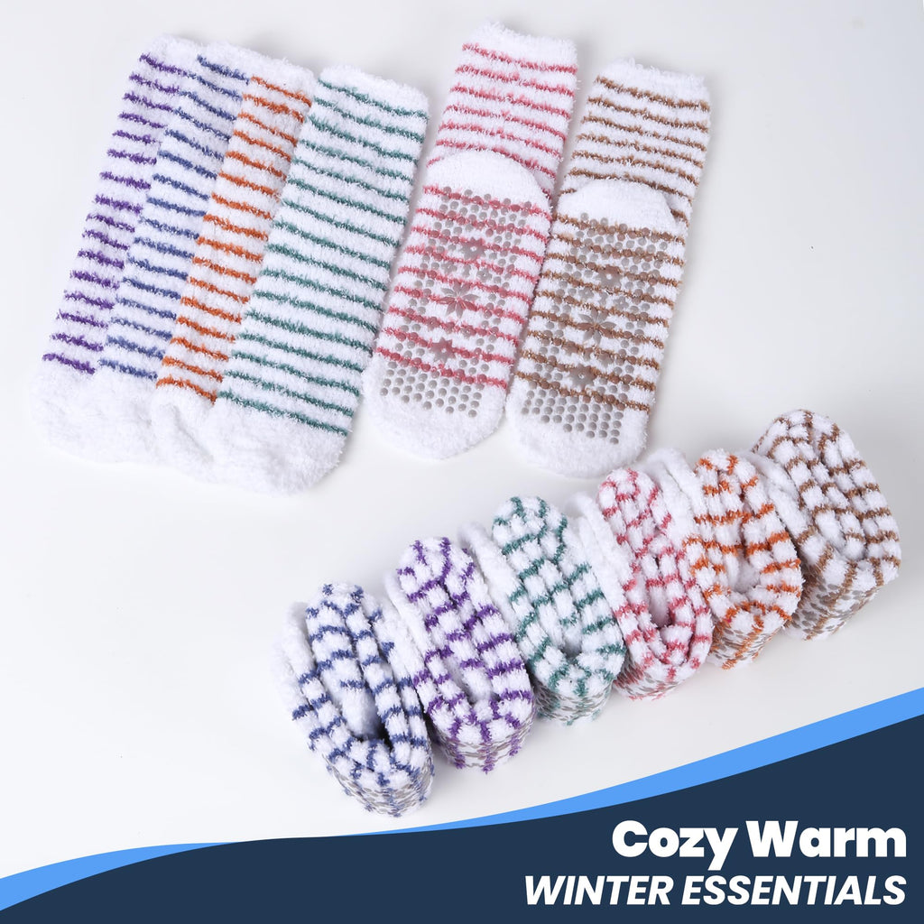 HUGSWEET 6 Pairs Thick Fuzzy Socks with Grip Cozy Non Slip Hospital Socks Home Fluffy Warm Slipper Socks Gifts for Women