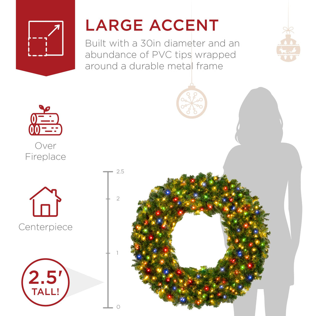 Best Choice Products 48in Large Artificial Pre-Lit Fir Christmas Wreath Holiday Accent Decoration w/ 200 LED Lights, 714 PVC Tips