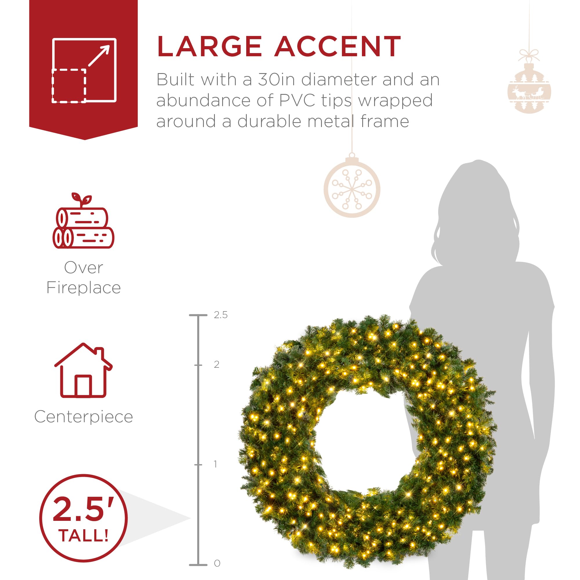 Best Choice Products 48in Large Artificial Pre-Lit Fir Christmas Wreath Holiday Accent Decoration w/ 200 LED Lights, 714 PVC Tips