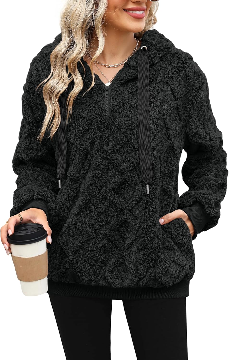 ReachMe Womens Oversized Sherpa Pullover Hoodie with Pockets Fuzzy Fleece Sweatshirt Plaid Fluffy Jacket Coat