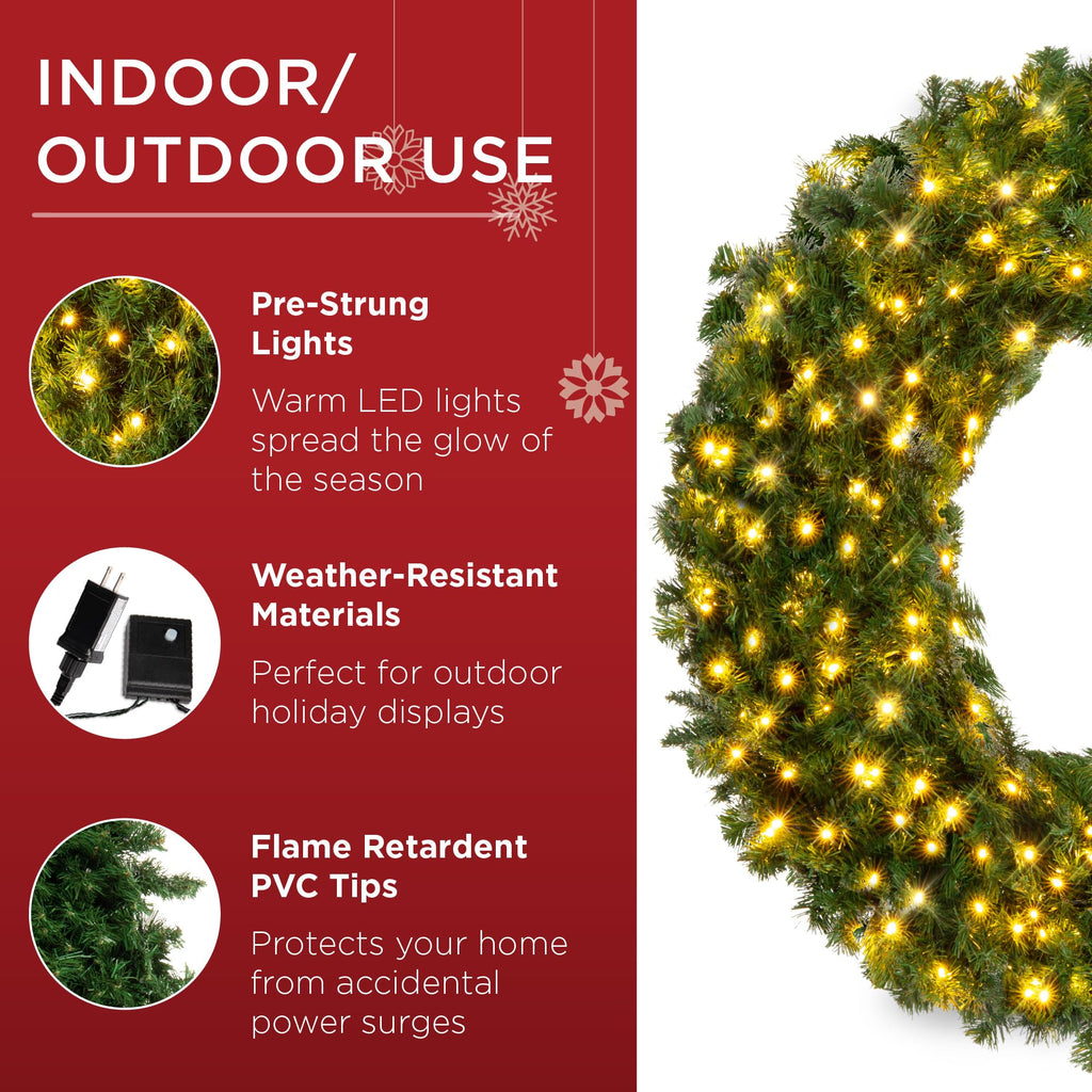 Best Choice Products 48in Large Artificial Pre-Lit Fir Christmas Wreath Holiday Accent Decoration w/ 200 LED Lights, 714 PVC Tips