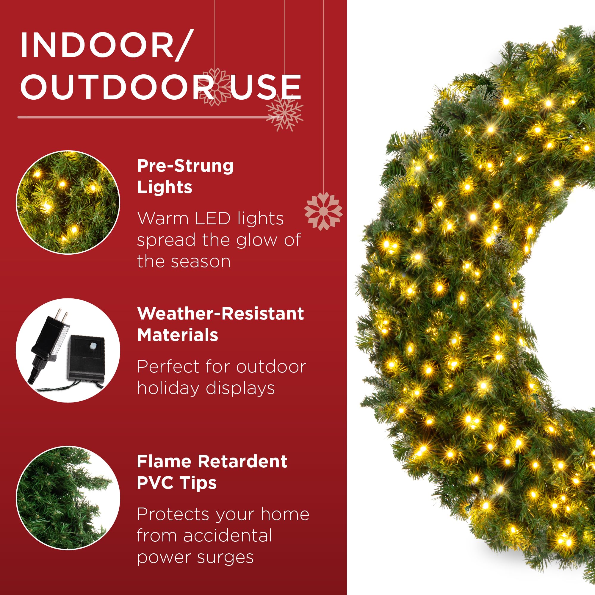 Best Choice Products 48in Large Artificial Pre-Lit Fir Christmas Wreath Holiday Accent Decoration w/ 200 LED Lights, 714 PVC Tips