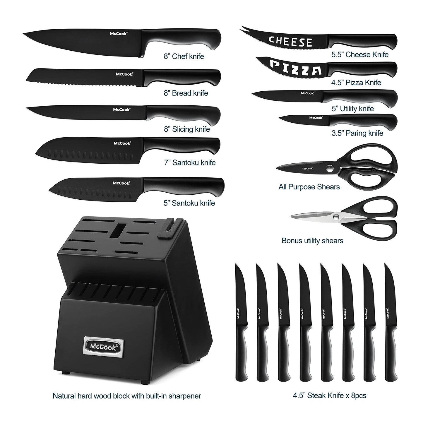 McCook® Knife Sets, German Stainless Steel Kitchen Knife Block Sets with Built-in Sharpener