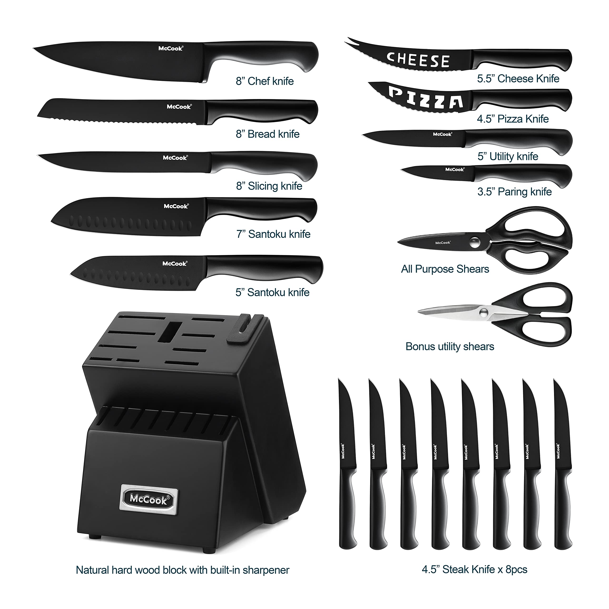 McCook® Knife Sets, German Stainless Steel Kitchen Knife Block Sets with Built-in Sharpener