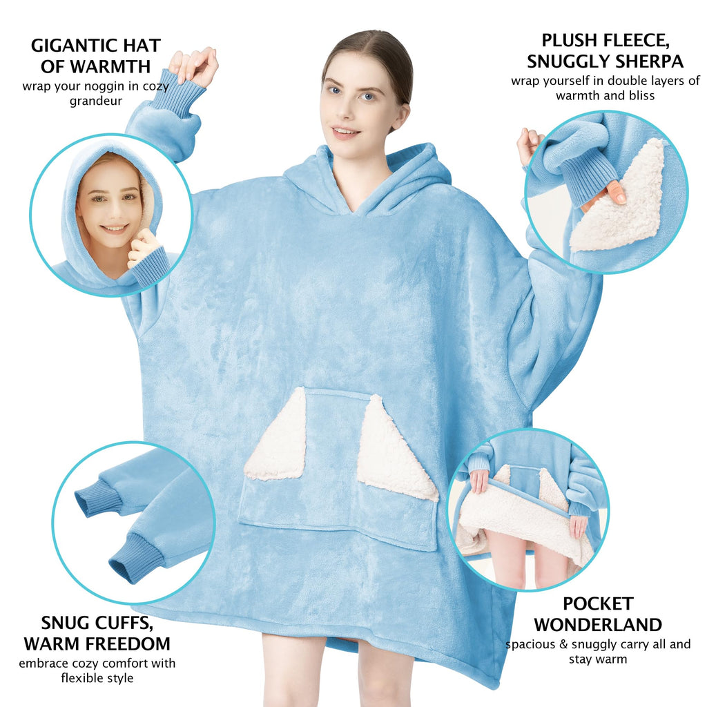 Touchat Wearable Blanket Hoodie, Oversized Sherpa Fleece Sweatshirt Blanket with Giant Hood Pocket and Sleeves for Adult, Warm & Cozy Grey Blanket Gifts for Women