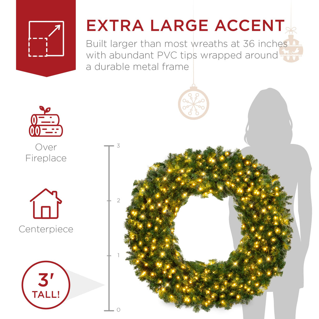 Best Choice Products 48in Large Artificial Pre-Lit Fir Christmas Wreath Holiday Accent Decoration w/ 200 LED Lights, 714 PVC Tips