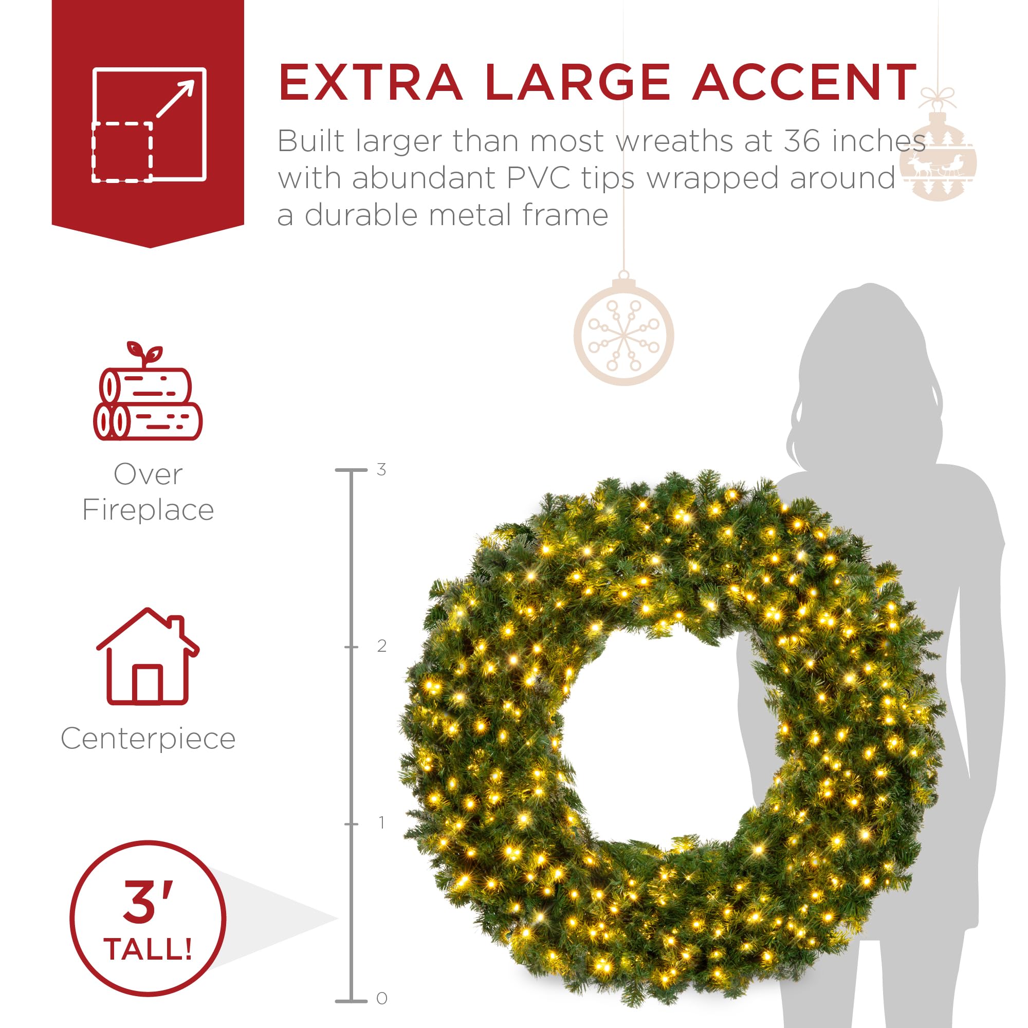 Best Choice Products 48in Large Artificial Pre-Lit Fir Christmas Wreath Holiday Accent Decoration w/ 200 LED Lights, 714 PVC Tips