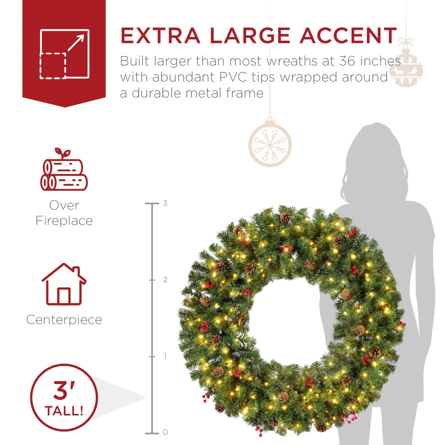 Best Choice Products 48in Large Artificial Pre-Lit Fir Christmas Wreath Holiday Accent Decoration w/ 200 LED Lights, 714 PVC Tips