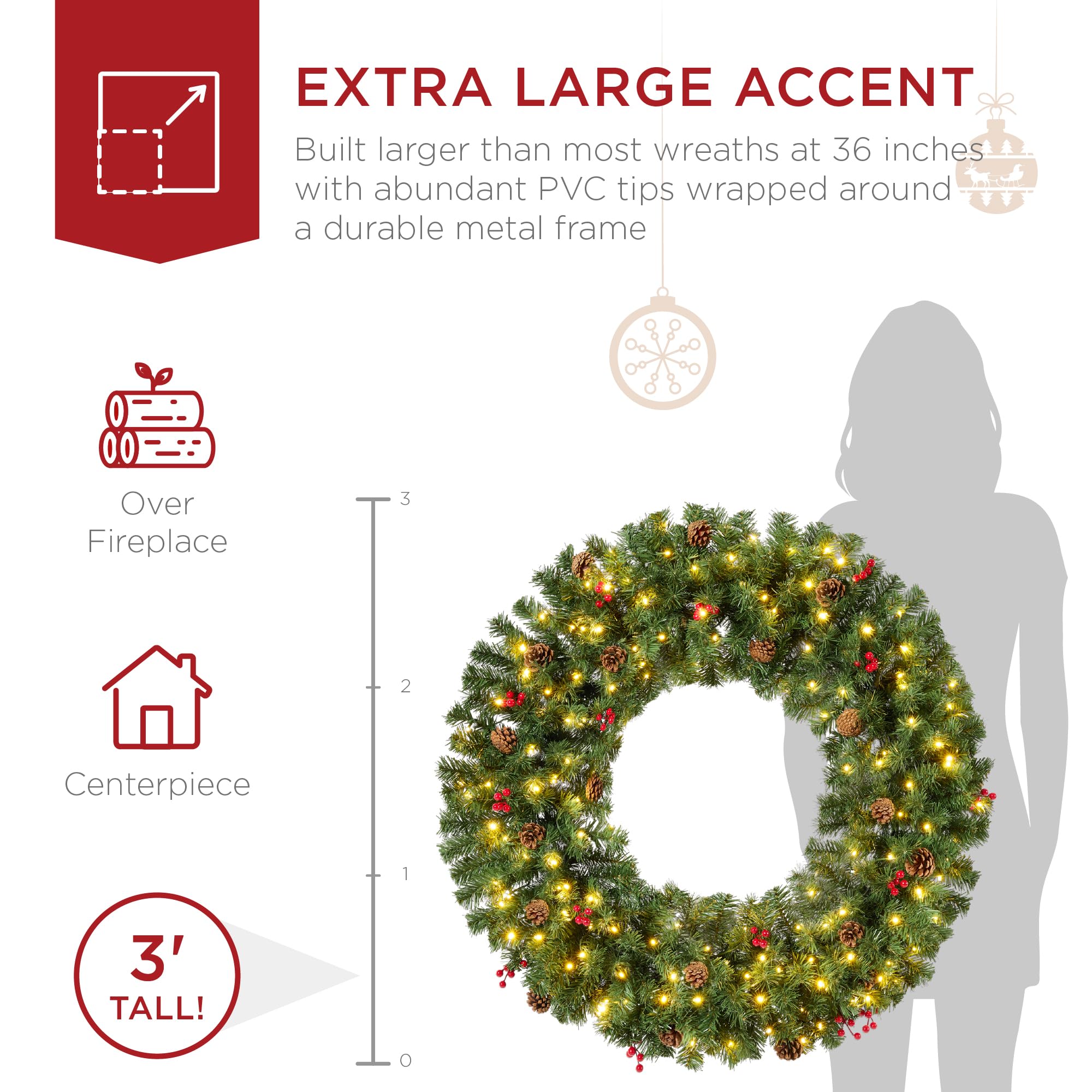 Best Choice Products 48in Large Artificial Pre-Lit Fir Christmas Wreath Holiday Accent Decoration w/ 200 LED Lights, 714 PVC Tips