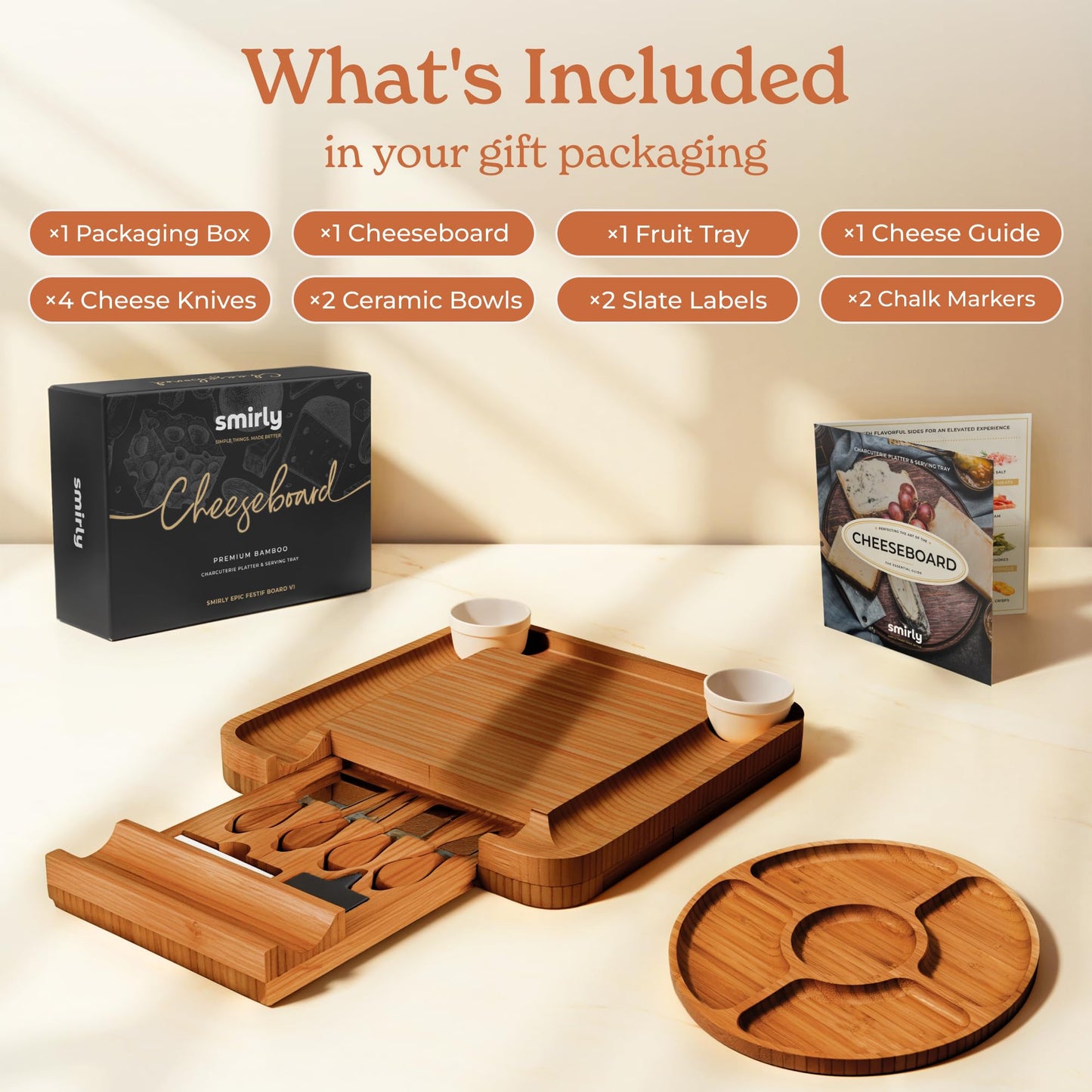 Smirly Charcuterie Board Set - Large Bamboo Cheese Board for Serving - House Warming Gifts New Home, Wedding & Bridal Shower Gift, Birthday Gift for Women