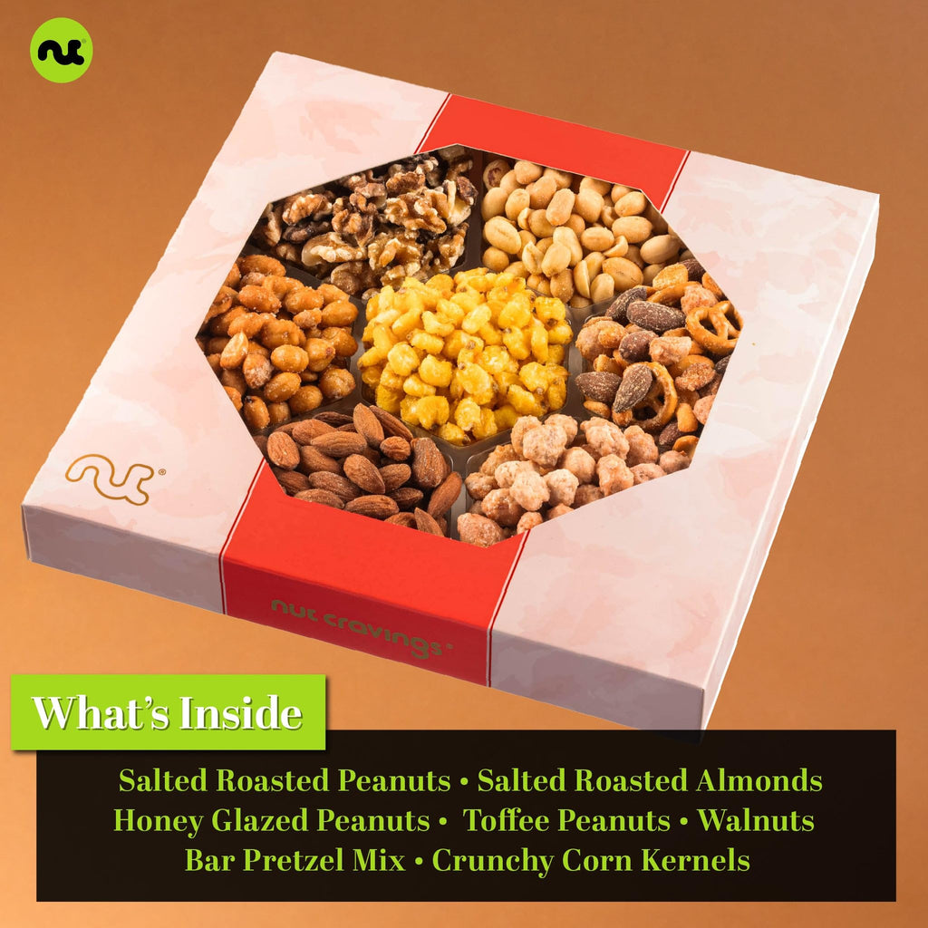 NUT CRAVINGS - Thanksgiving Mixed Nuts Gift Basket in Red Gold Box (7 Assortments, 1 LB) Holiday Xmas Christmas Food Arrangement, Healthy Snack Care Package, Food Assortments