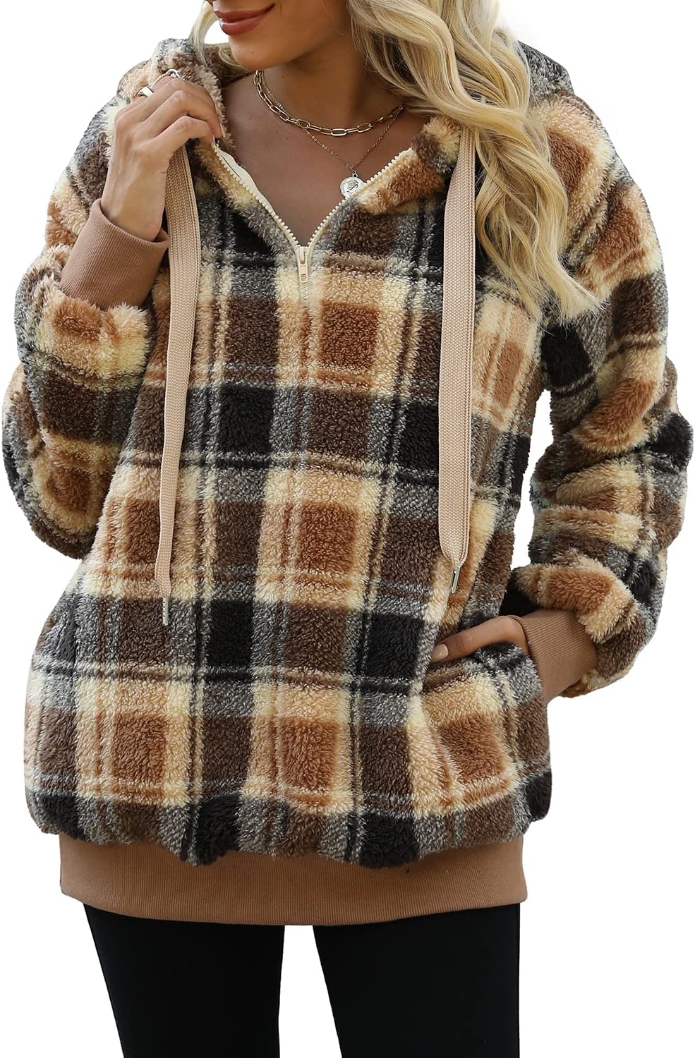 ReachMe Womens Oversized Sherpa Pullover Hoodie with Pockets Fuzzy Fleece Sweatshirt Plaid Fluffy Jacket Coat