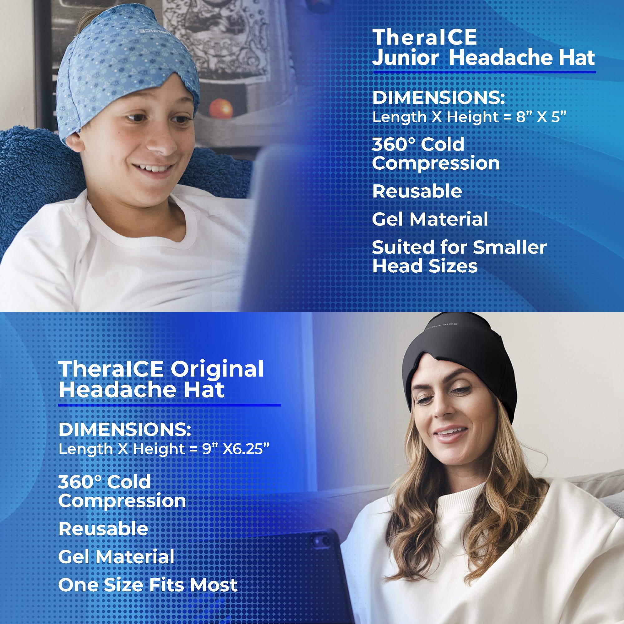 TheraICE Headache Relief Cap, Migraine Ice Pack Mask Products, Women Cooling Gel Hat, Face Cold Compress Head Wrap for Her Stress. Great Birthday Gift for Mom, Sister, Grandma, Girlfriend, & Teacher