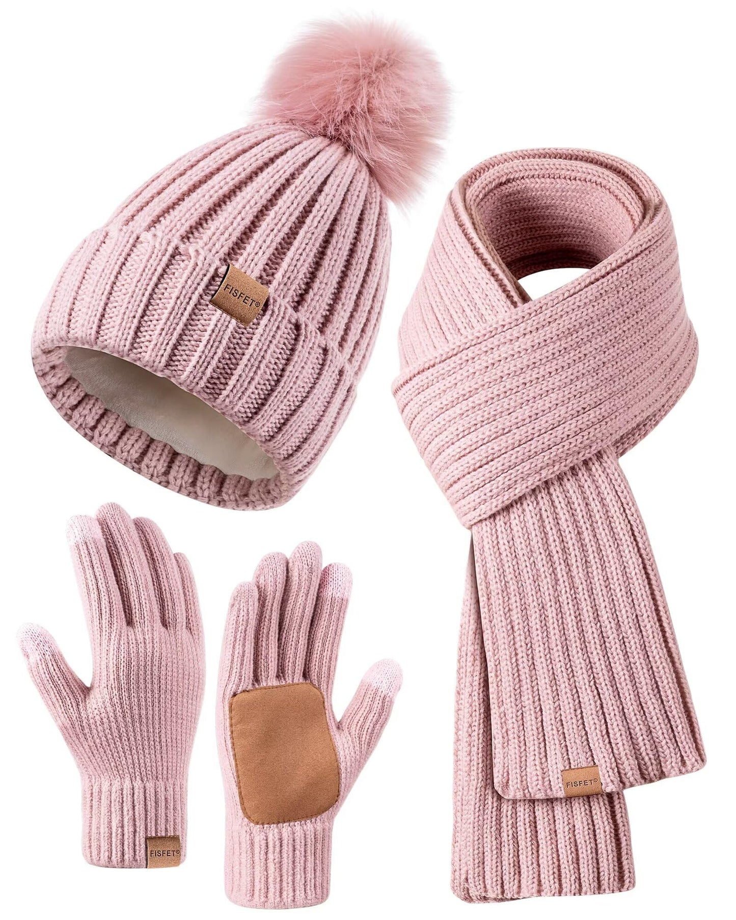 Winter Beanie Hat Scarf Gloves Set for Women, Womens Beanie with Pom Pom Long Scarf Neck Warmer Touchscreen Gloves 3 in 1 Set