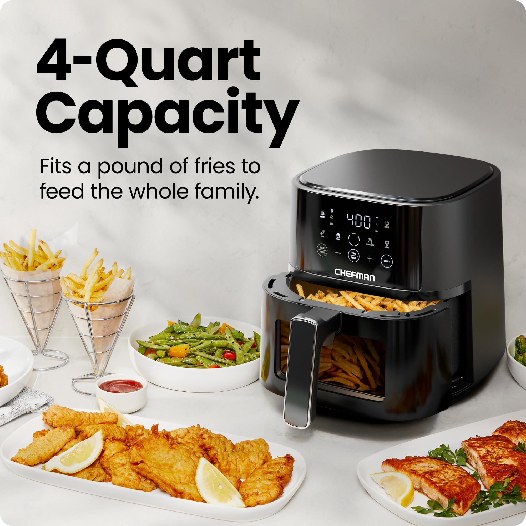 Chefman Air Fryer – 4 QT Compact Airfryer for Quick & Easy Meals in Minutes, Features Hi-Fry Technology for Extra Crisp, Touchscreen Controls with 4 Presets, Nonstick & Dishwasher Safe Basket - Black