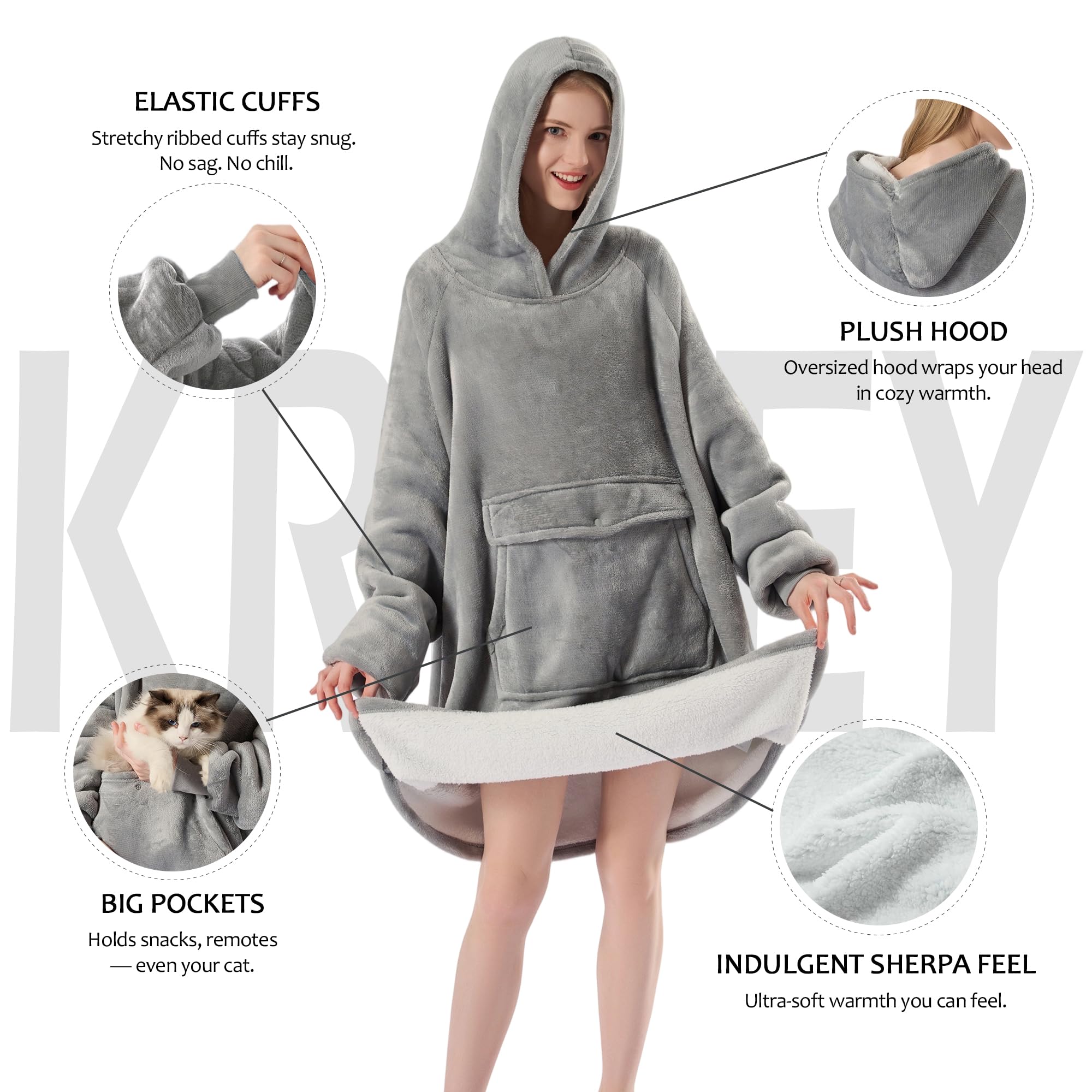Krifey Wearable Blanket Hoodie, Oversized Sherpa Fleece Sweatshirt with Giant Pocket, Birthday Gifts for Women, Warm Christmas Gift for Mom, Wife, or Girlfriend