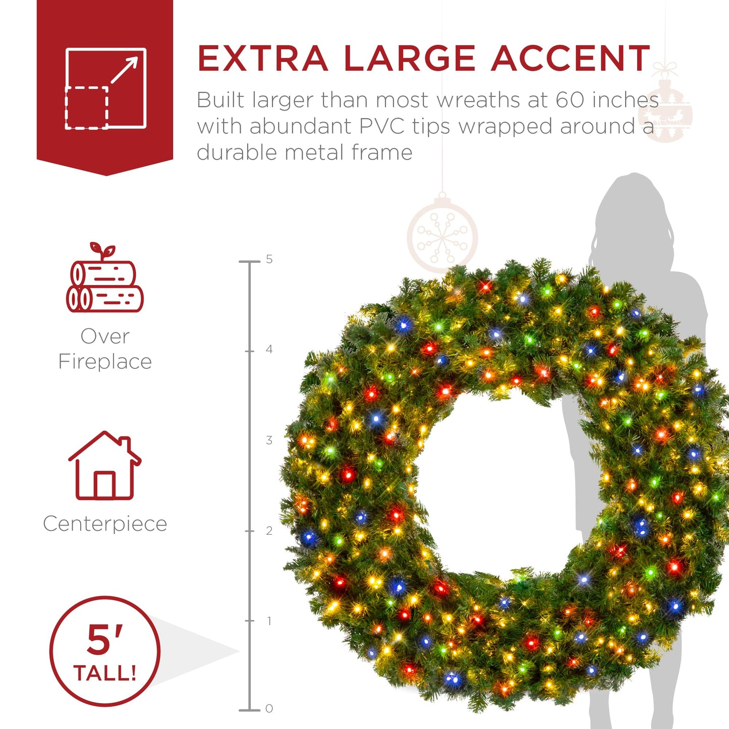 Best Choice Products 48in Large Artificial Pre-Lit Fir Christmas Wreath Holiday Accent Decoration w/ 200 LED Lights, 714 PVC Tips