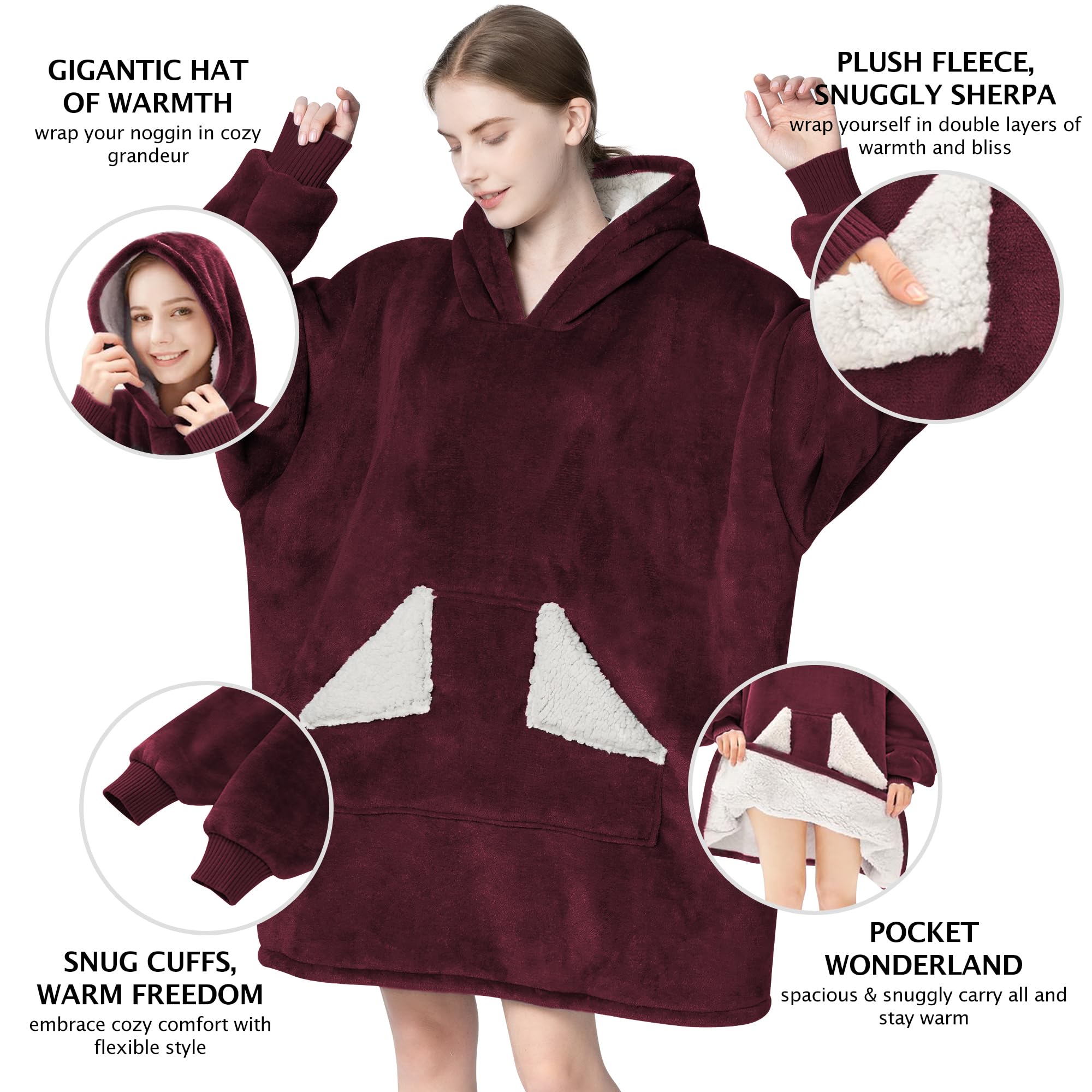 Touchat Wearable Blanket Hoodie, Oversized Sherpa Fleece Sweatshirt Blanket with Giant Hood Pocket and Sleeves for Adult, Warm & Cozy Grey Blanket Gifts for Women