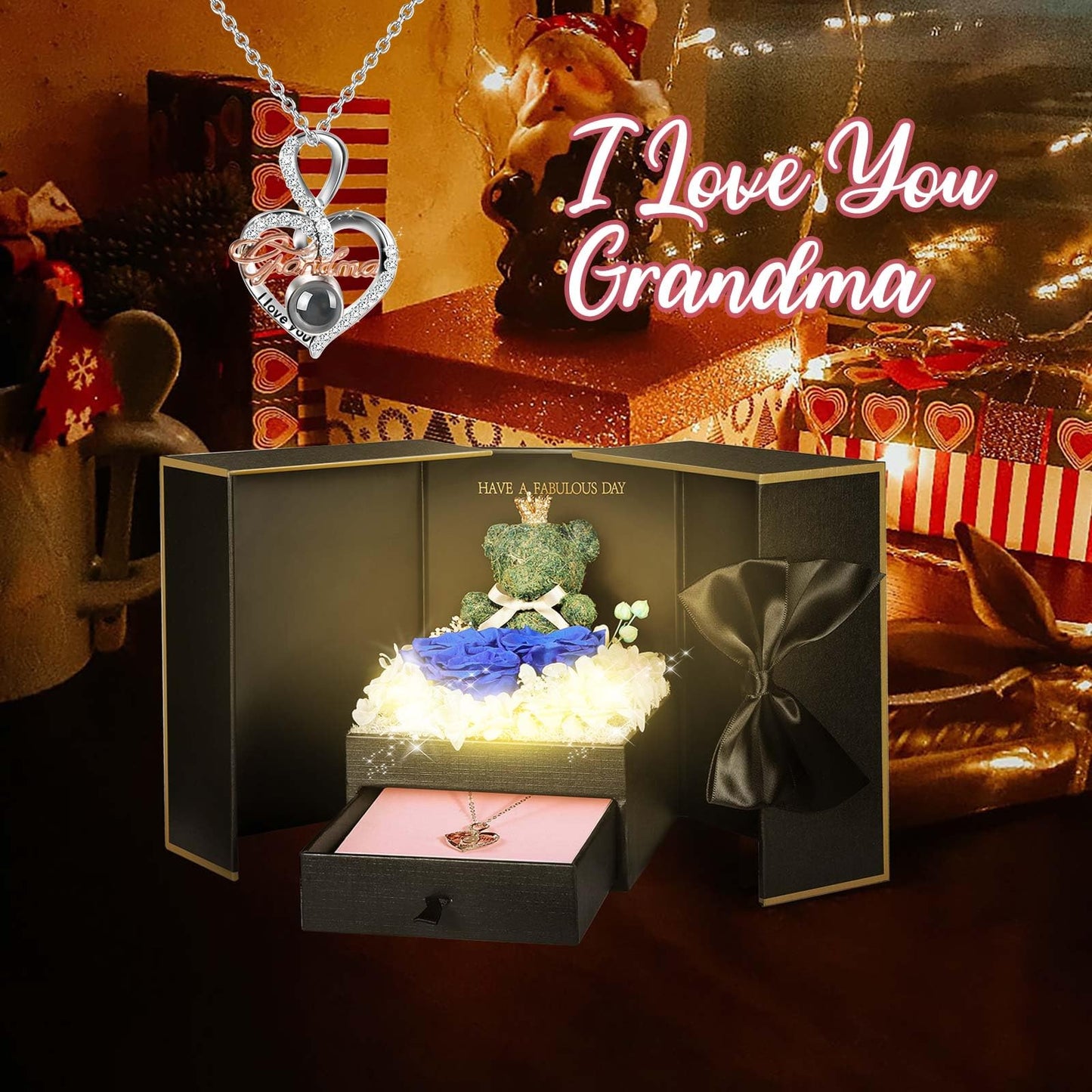 ADDWel Rose Gifts for Women Birthday Christmas - Preserved Real Roses Forever Red Flowers with I Love You in 100 Languages Necklace and Cute Moss Bear for Girlfriend Wife Mom Grandma