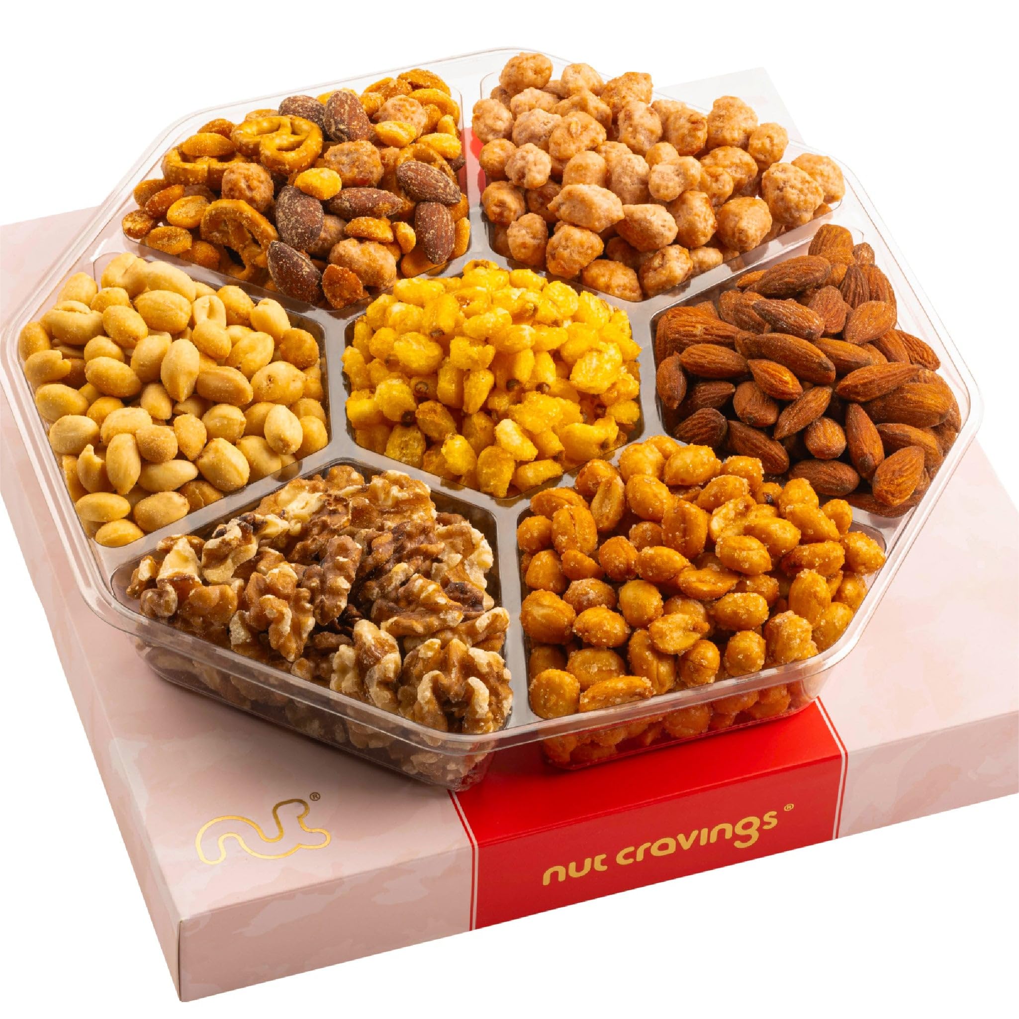 NUT CRAVINGS - Thanksgiving Mixed Nuts Gift Basket in Red Gold Box (7 Assortments, 1 LB) Holiday Xmas Christmas Food Arrangement, Healthy Snack Care Package, Food Assortments