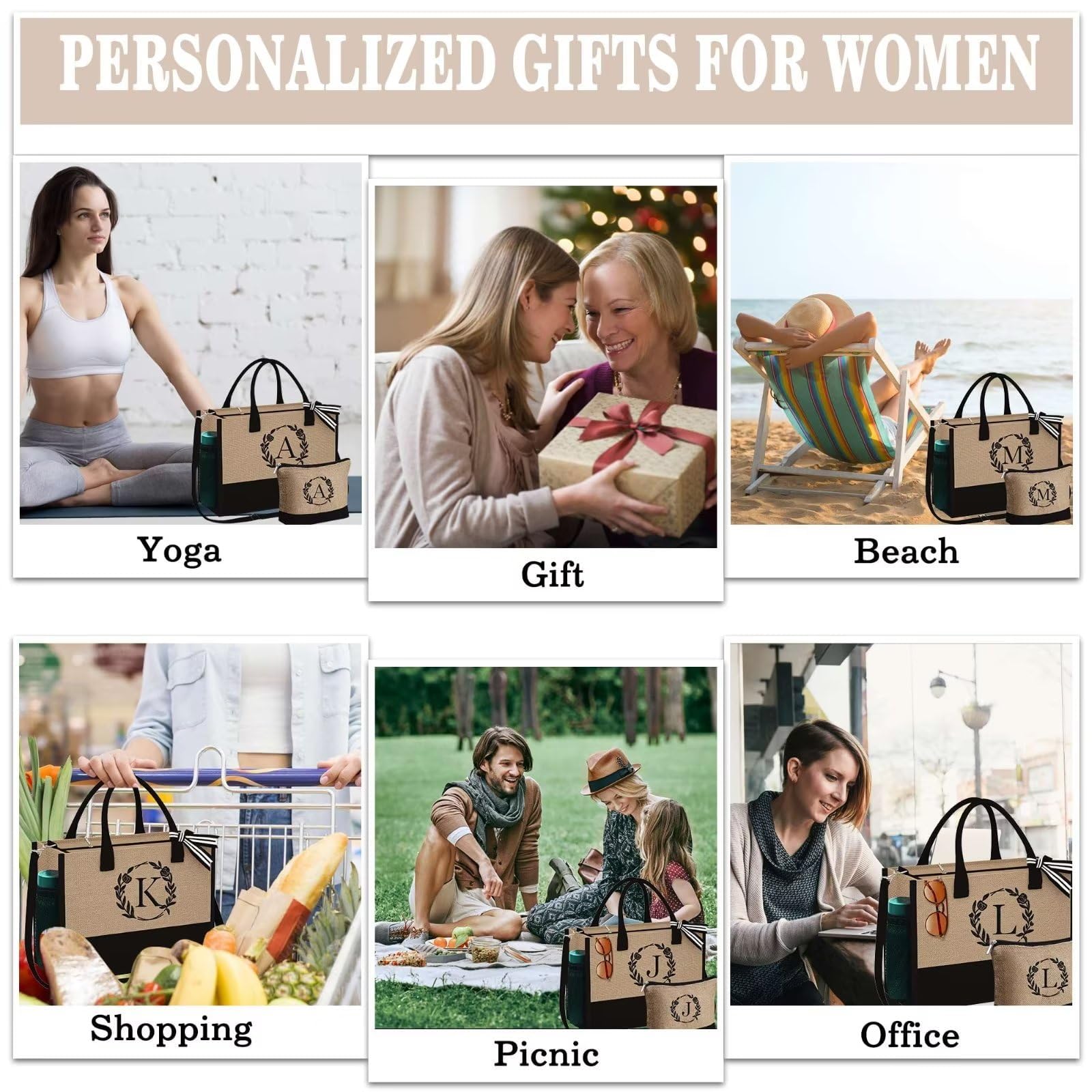 YOOLIFE Personalized Gifts for Women - Initial Jute Tote Bag & Makeup Bag, Birthday Gifts for Women Mom Wife Teacher Friend
