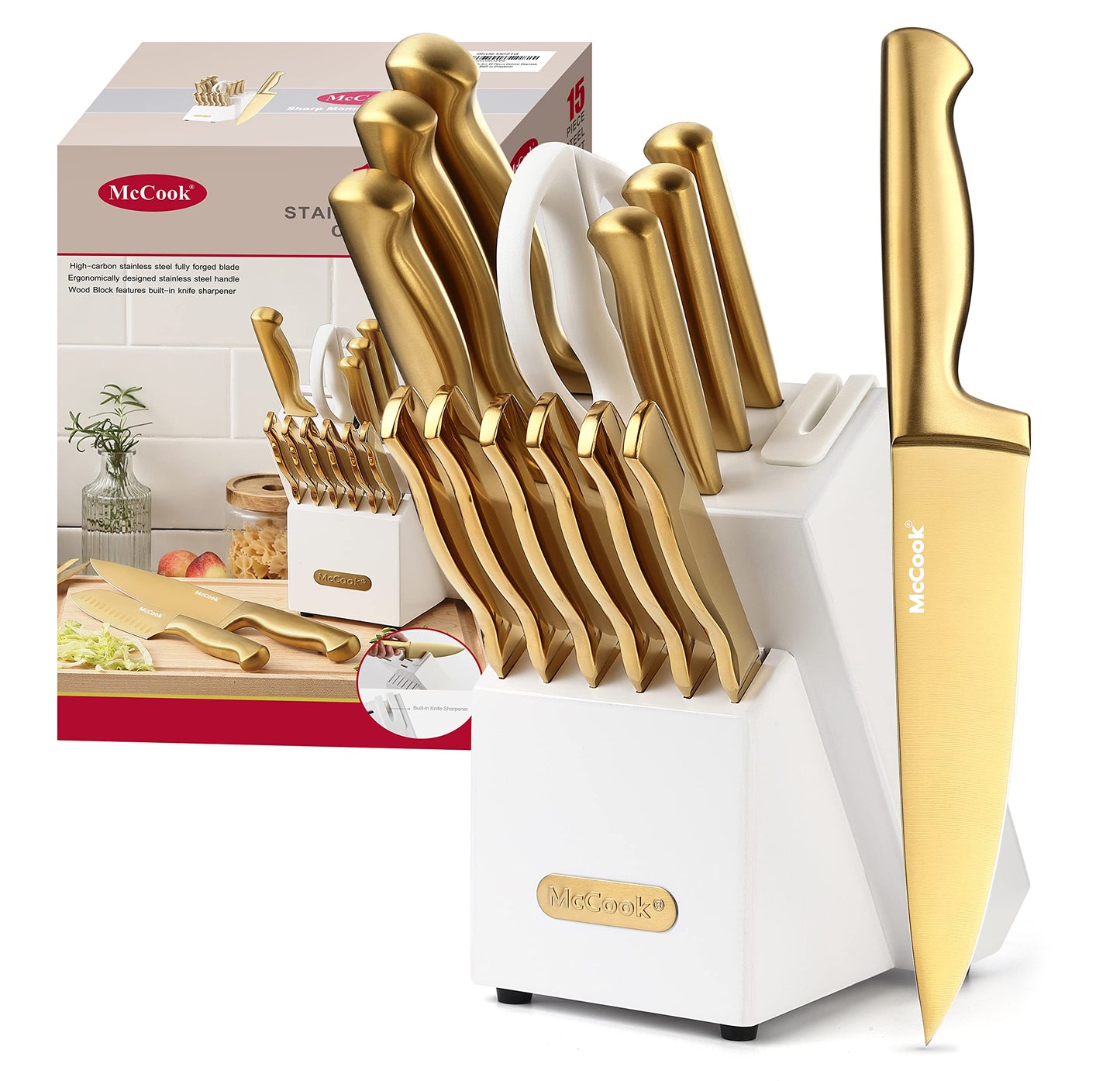 McCook® Knife Sets, German Stainless Steel Kitchen Knife Block Sets with Built-in Sharpener