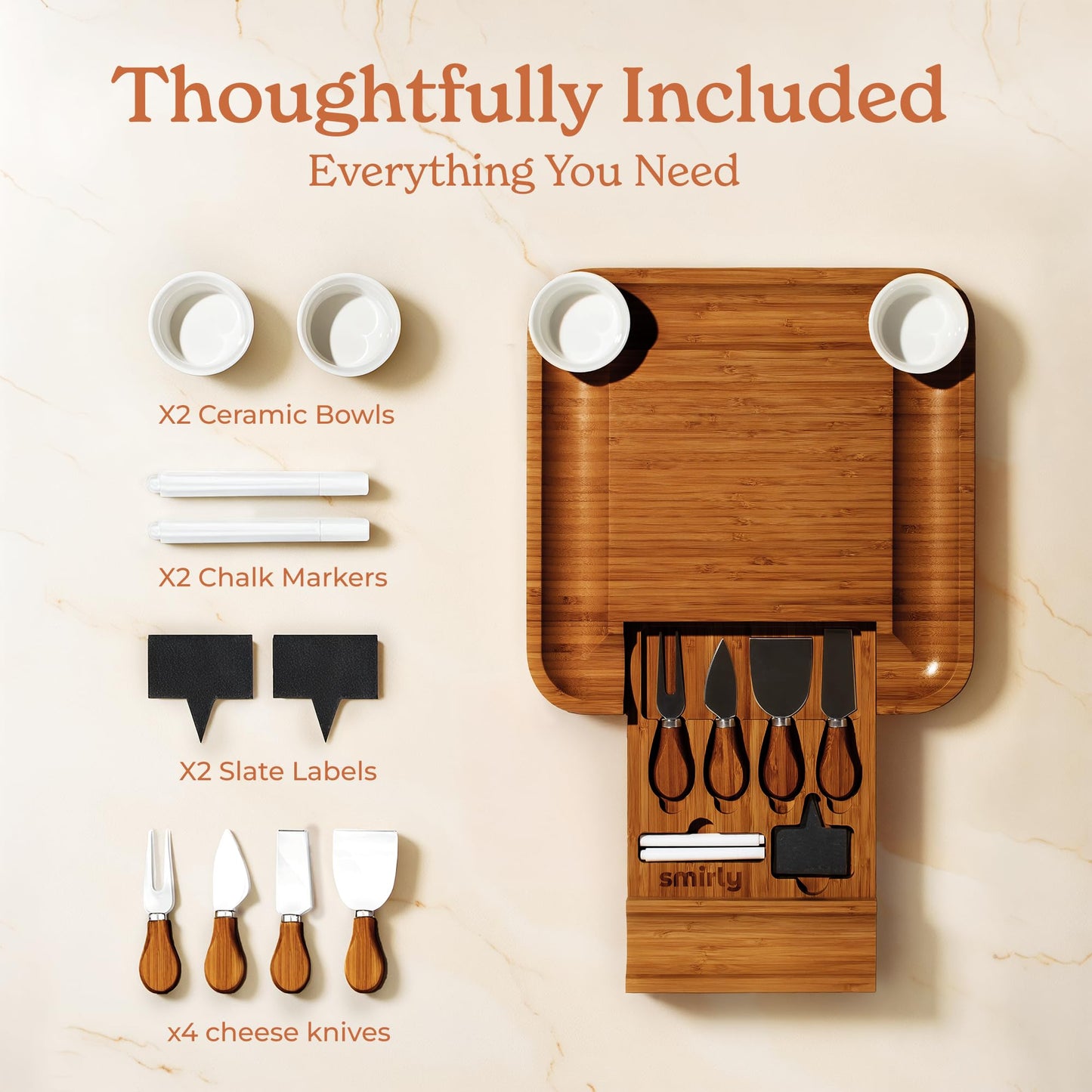 Smirly Charcuterie Board Set - Large Bamboo Cheese Board for Serving - House Warming Gifts New Home, Wedding & Bridal Shower Gift, Birthday Gift for Women