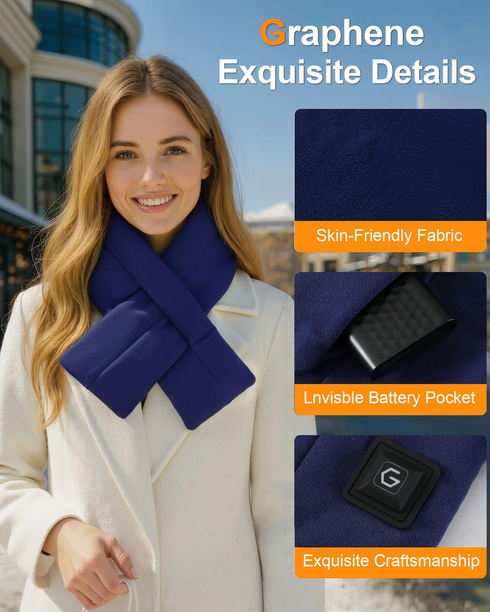 Wulcea Graphene Heated Scarf for Men Women 5V2A 6000mAh Fast Heating Long-Lasting Compact Battery