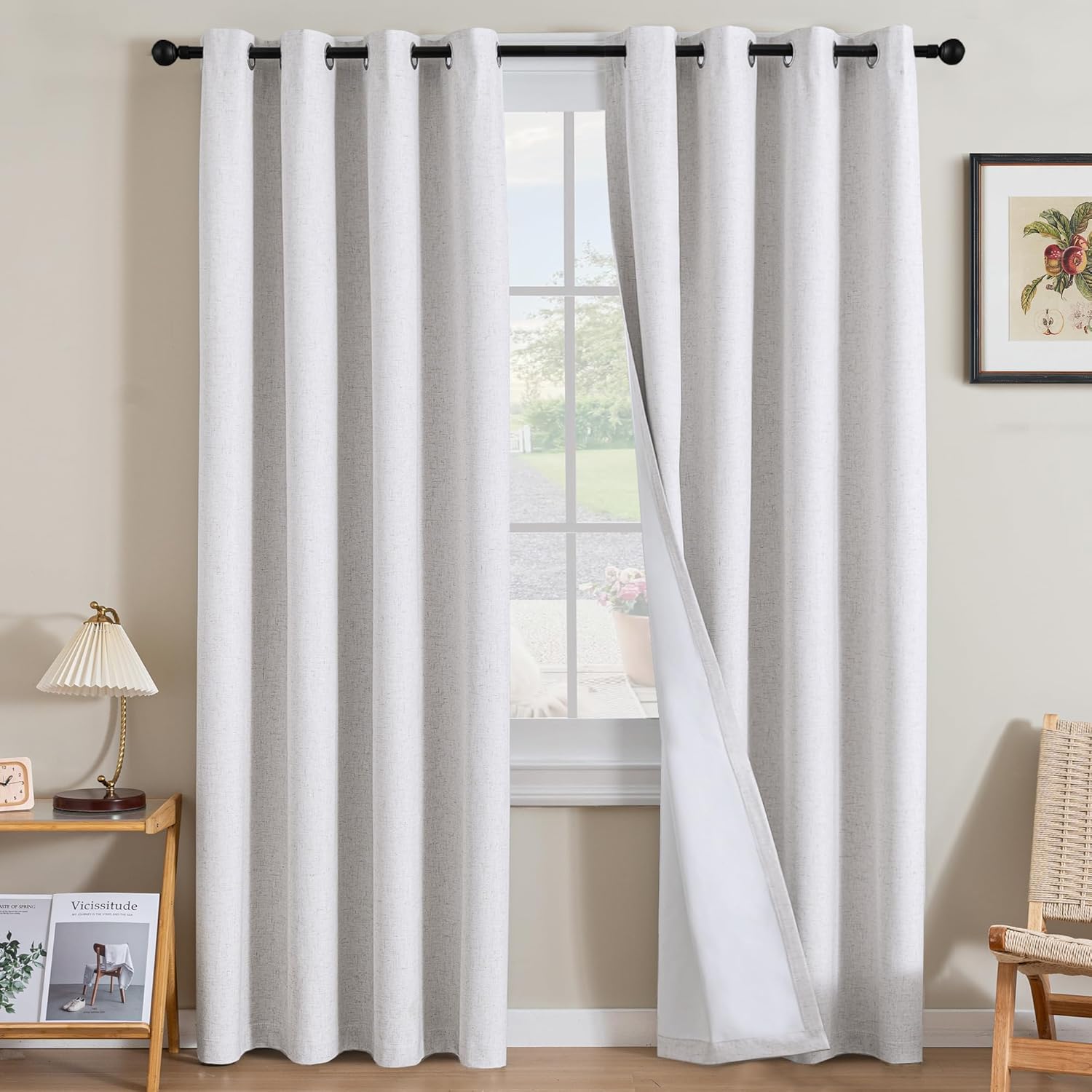 H.VERSAILTEX Linen 100% Blackout Curtains for Bedroom Full Light Blocking Curtains, Textured Window Curtain for Living Room 84 inch Grommet, Energy Efficient Curtains White Liner(2 Panels, Natural)